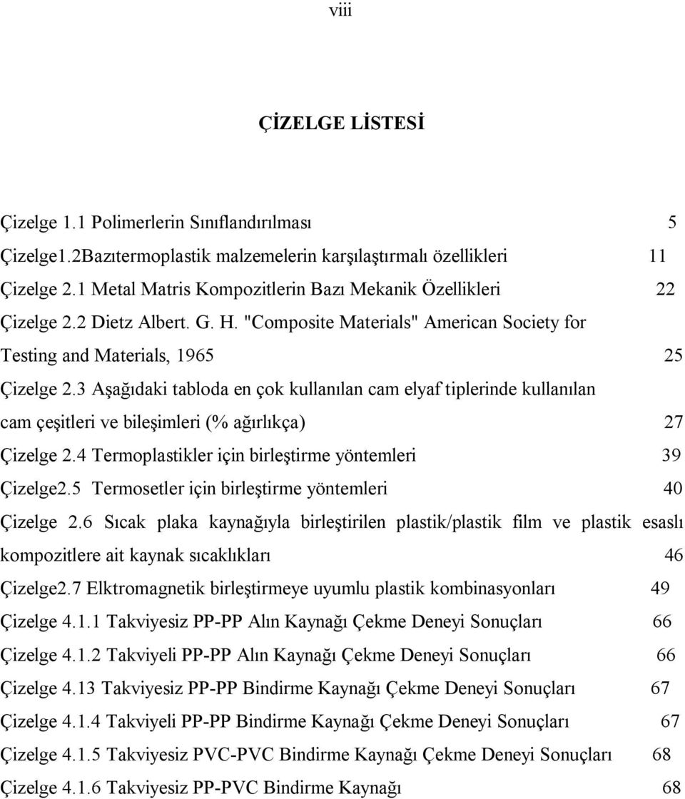 3 Aşağıdaki tabloda en çok kullanılan cam elyaf tiplerinde kullanılan cam çeşitleri ve bileşimleri (% ağırlıkça) 27 Çizelge 2.4 Termoplastikler için birleştirme yöntemleri 39 Çizelge2.