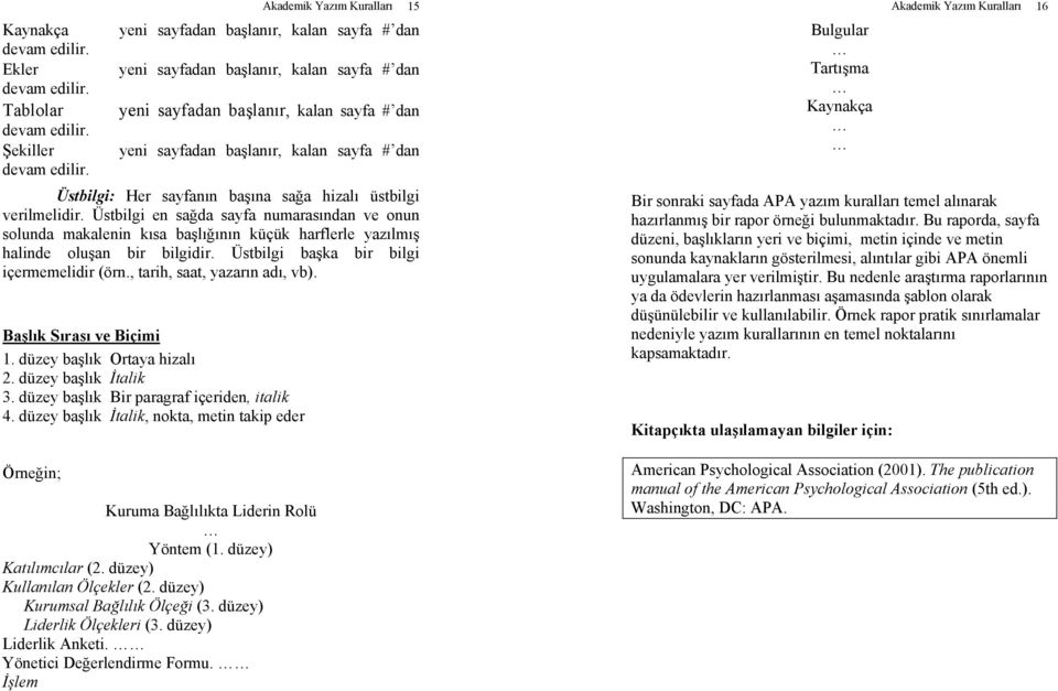 Üstbilgi: Her sayfanın başına sağa hizalı üstbilgi verilmelidir. Üstbilgi en sağda sayfa numarasından ve onun solunda makalenin kısa başlığının küçük harflerle yazılmış halinde oluşan bir bilgidir.