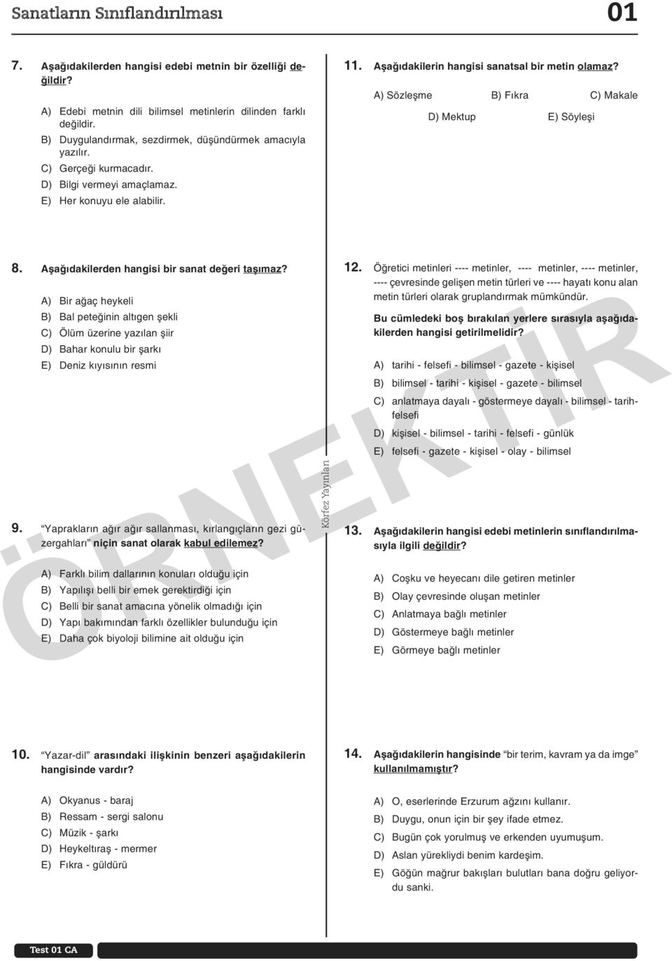 A) Sözleşme B) Fıkra C) Makale D) Mektup E) Söyleşi 8. Aşağıdakilerden hangisi bir sanat değeri taşımaz?