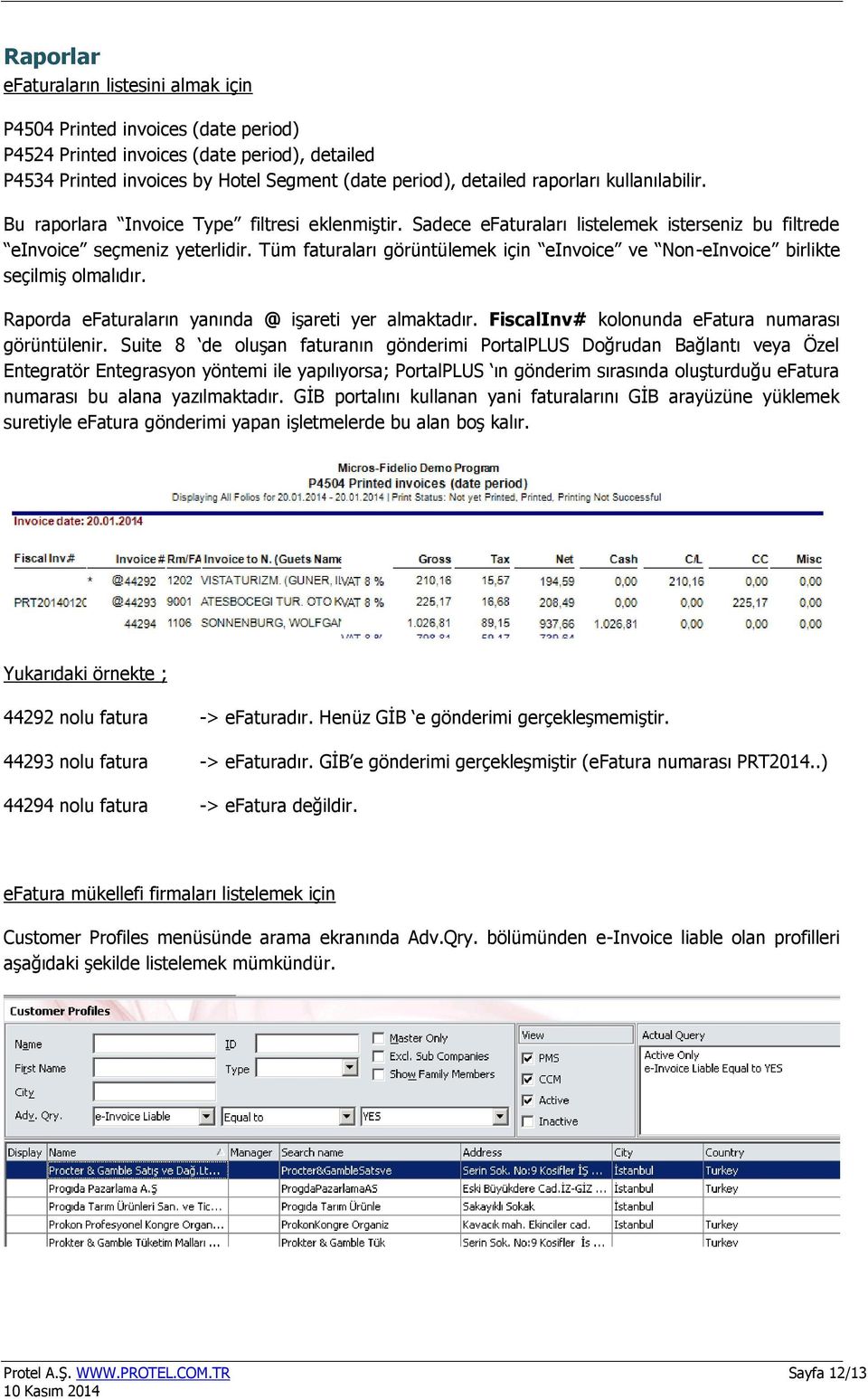 Tüm faturaları görüntülemek için einvoice ve Non-eInvoice birlikte seçilmiş olmalıdır. Raporda efaturaların yanında @ işareti yer almaktadır. FiscalInv# kolonunda efatura numarası görüntülenir.