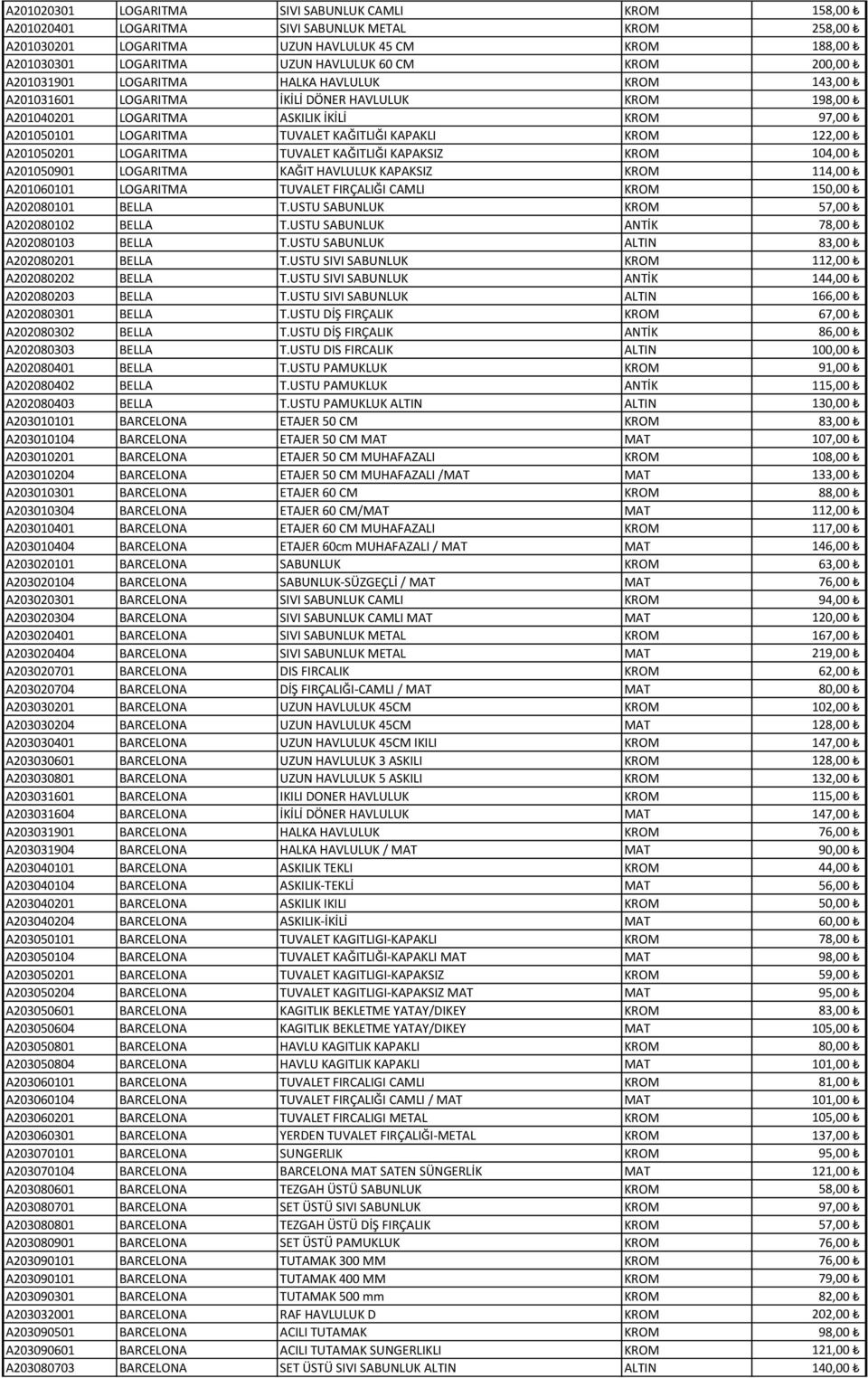 KAPAKLI KROM 122,00 A201050201 LOGARITMA TUVALET KAĞITLIĞI KAPAKSIZ KROM 104,00 A201050901 LOGARITMA KAĞIT HAVLULUK KAPAKSIZ KROM 114,00 A201060101 LOGARITMA TUVALET FIRÇALIĞI CAMLI KROM 150,00