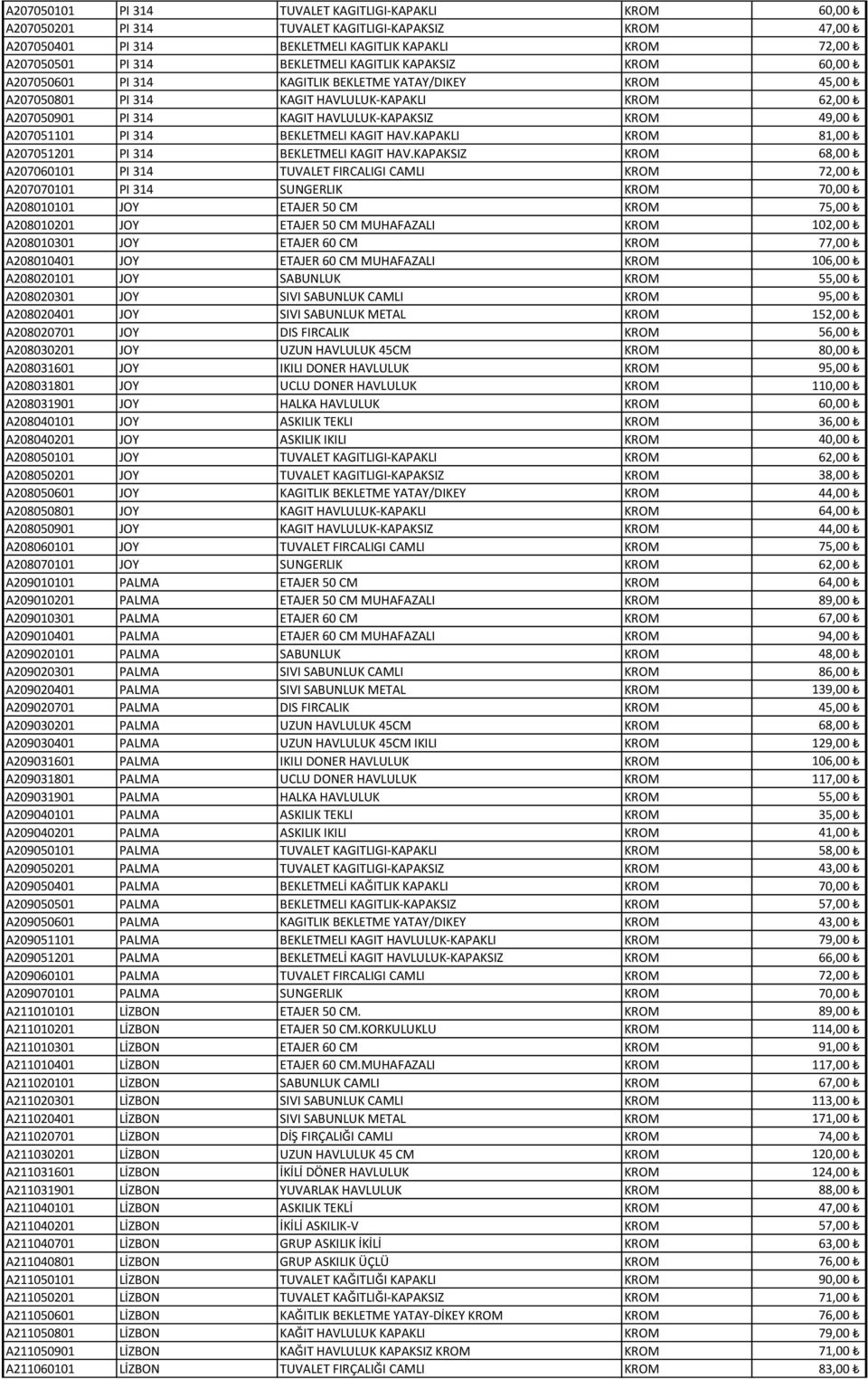 A207051101 PI 314 BEKLETMELI KAGIT HAV.KAPAKLI KROM 81,00 A207051201 PI 314 BEKLETMELI KAGIT HAV.