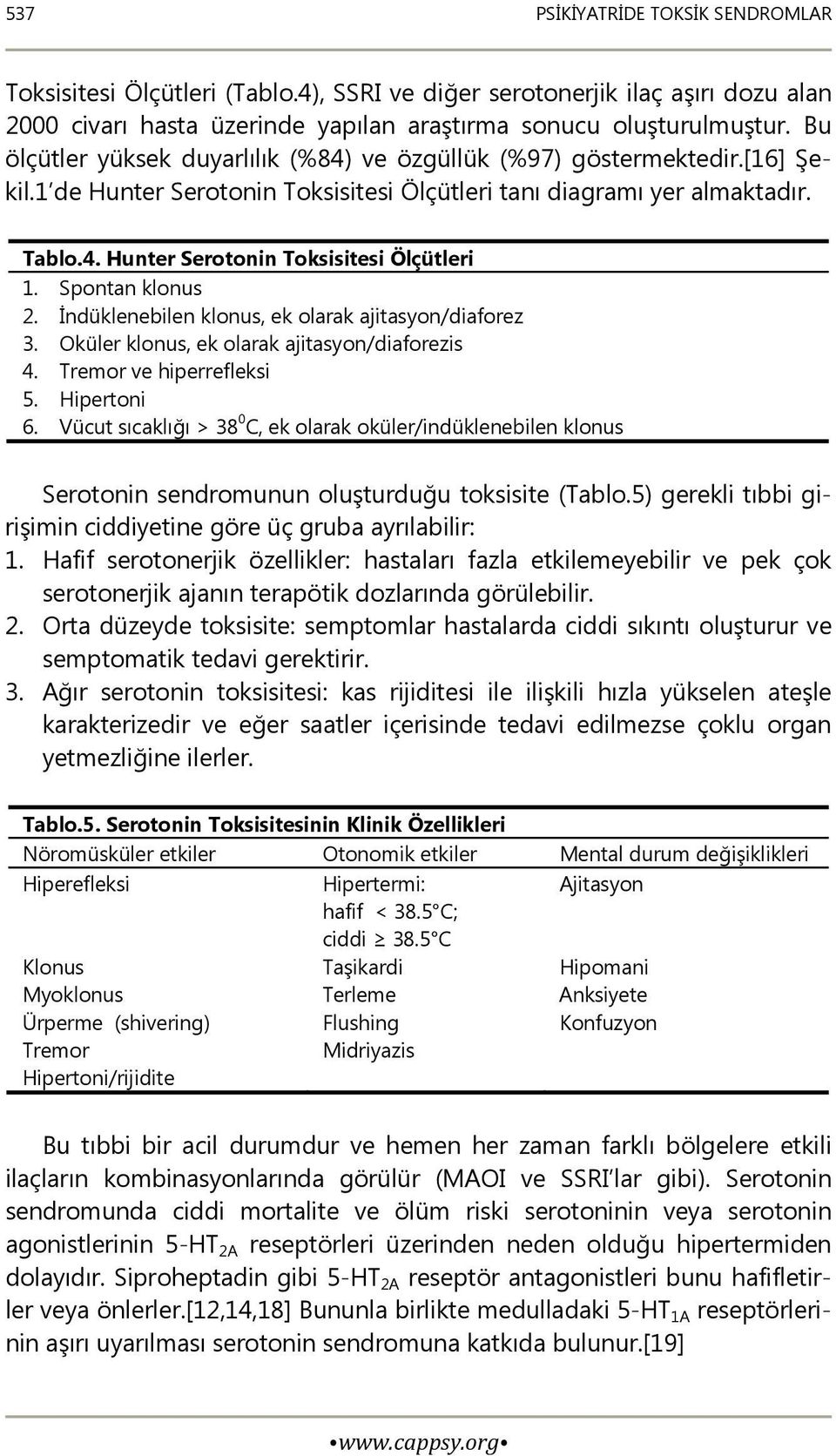 Spontan klonus 2. İndüklenebilen klonus, ek olarak ajitasyon/diaforez 3. Oküler klonus, ek olarak ajitasyon/diaforezis 4. Tremor ve hiperrefleksi 5. Hipertoni 6.