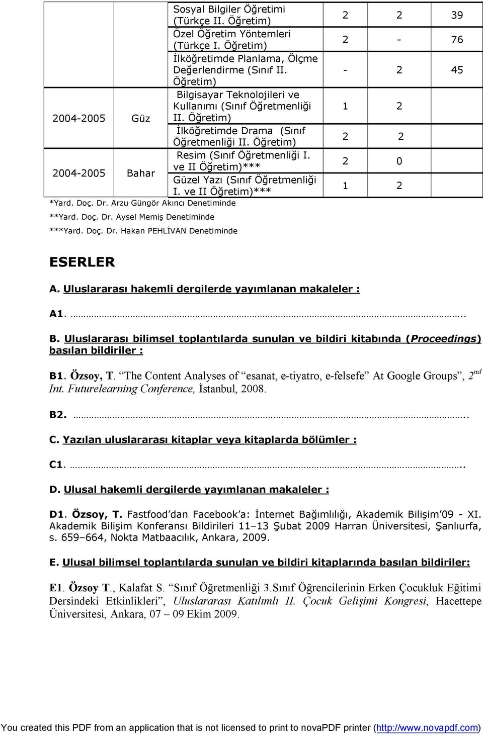 Öğretim) İlköğretimde Drama (Sınıf Öğretmenliği II. Öğretim) Resim (Sınıf Öğretmenliği I. ve II Öğretim)*** Güzel Yazı (Sınıf Öğretmenliği I.