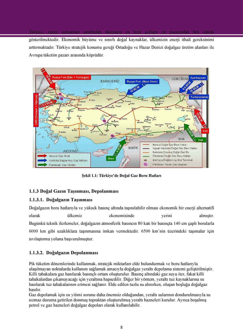 Türkiye stratejik konumu gereği Ortadoğu ve Hazar Denizi doğalgaz üretim alanları ile Avrupa tüketim pazarı arasında köprüdür. Şekil 1.1: Türkiye de Doğal Gaz Boru Hatları 1.1.3 Doğal Gazın Taşınması, Depolanması 1.