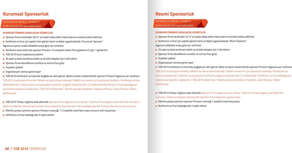 yapılan tüm görsel, basılı ve dijital uygulamalarda Kurumsal Sponsor logosuna üçüncü sırada alfabetik sıraya göre yer verilmesi Konferans oturumlarında sponsor firmanın 15 saniyelik reklam filmi