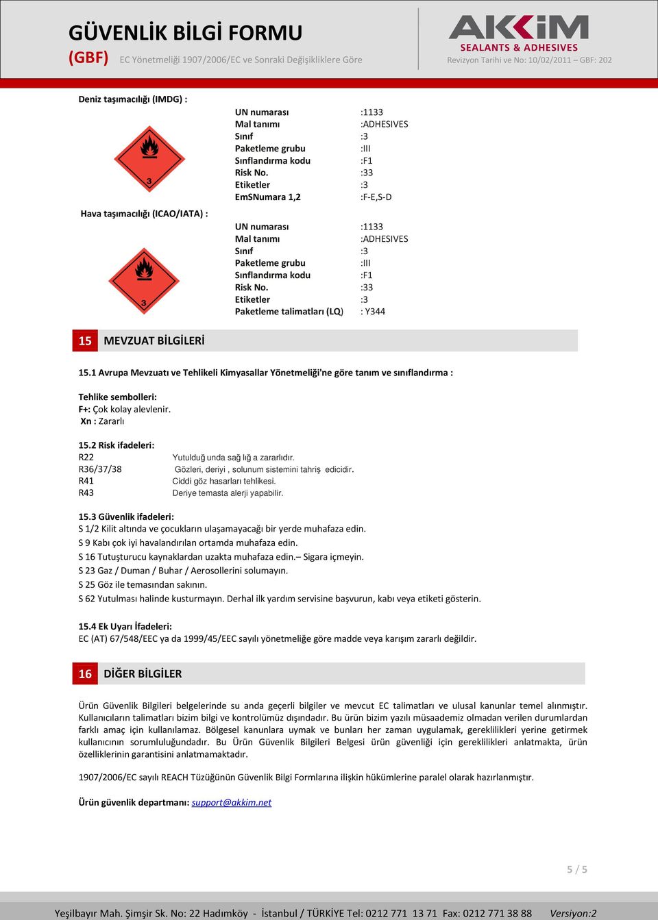 2 Risk ifadeleri: R22 R36/37/38 R41 R43 Yutulduğ unda sağ lığ a zararlıdır. Gözleri, deriyi, solunum sistemini tahriş edicidir. Ciddi göz hasarları tehlikesi. Deriye temasta alerji yapabilir. 15.