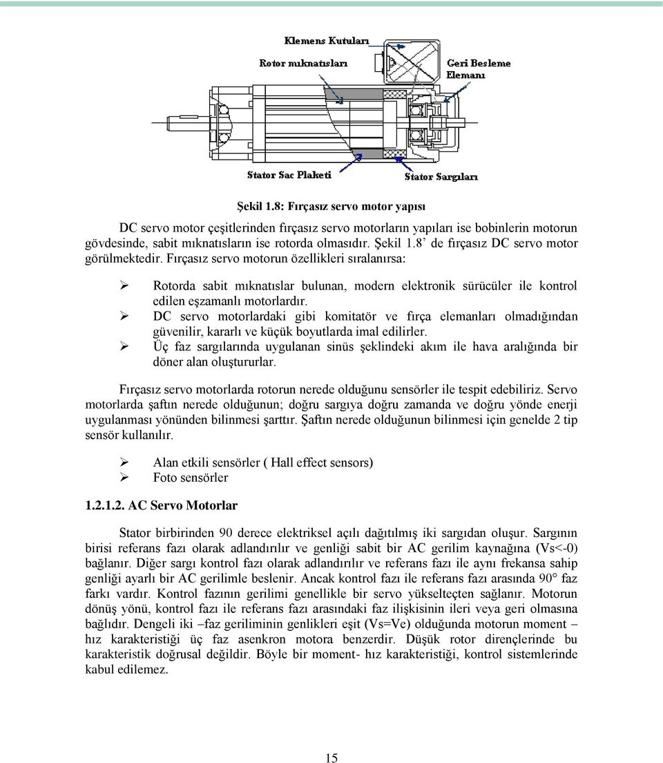 DC servo motorlardaki gibi komitatör ve fırça elemanları olmadığından güvenilir, kararlı ve küçük boyutlarda imal edilirler.