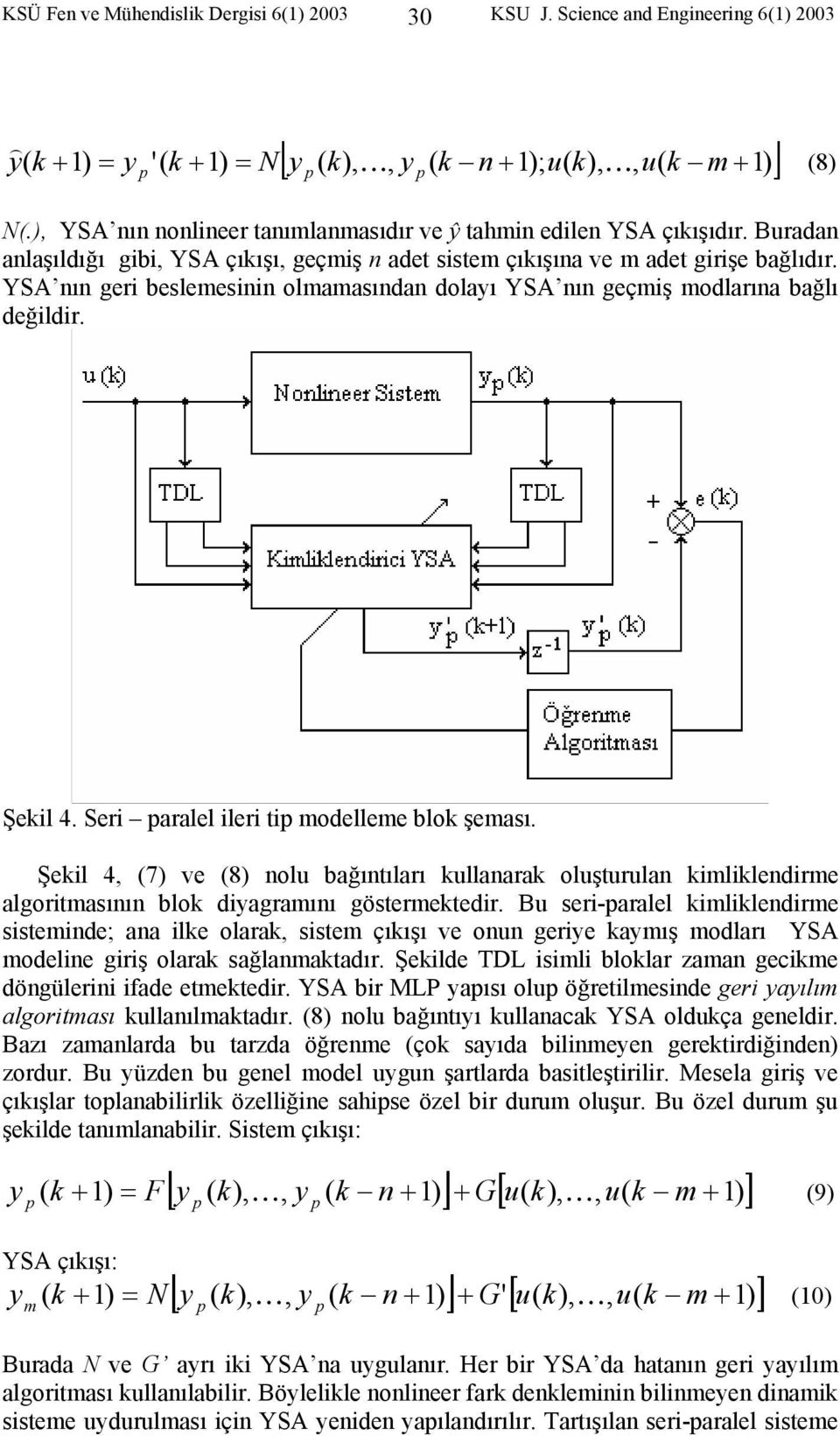 YSA nın geri beslemesinin olmamasından dolaı YSA nın geçmiş modlarına bağlı değildir. Şekil 4. Seri aralel ileri ti modelleme blok şeması.