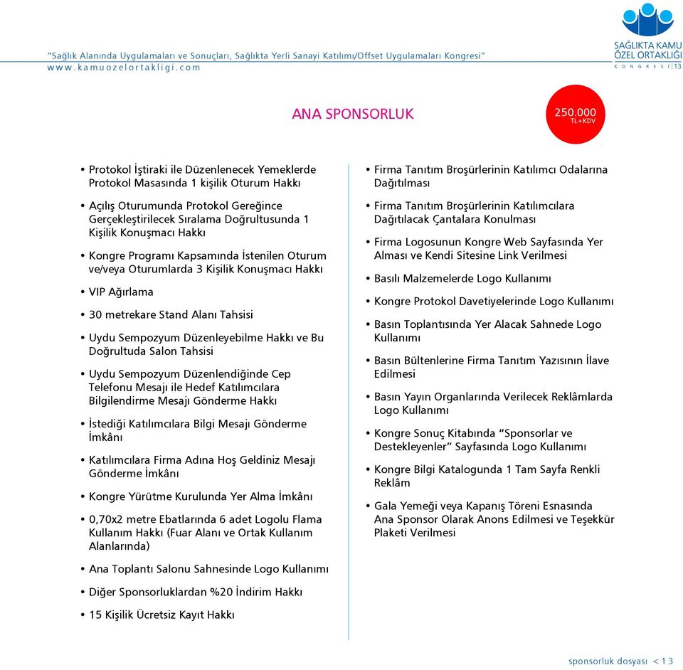 Kongre Programı Kapsamında İstenilen Oturum ve/veya Oturumlarda 3 Kişilik Konuşmacı Hakkı VIP Ağırlama 30 metrekare Stand Alanı Tahsisi Uydu Sempozyum Düzenleyebilme Hakkı ve Bu Doğrultuda Salon