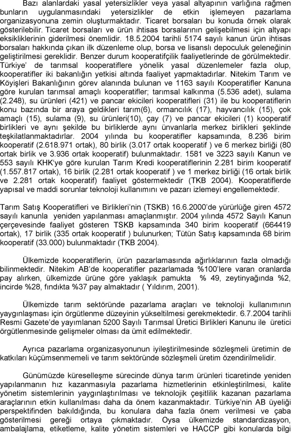 2004 tarihli 5174 sayılı kanun ürün ihtisas borsaları hakkında çıkan ilk düzenleme olup, borsa ve lisanslı depoculuk geleneğinin geliştirilmesi gereklidir.