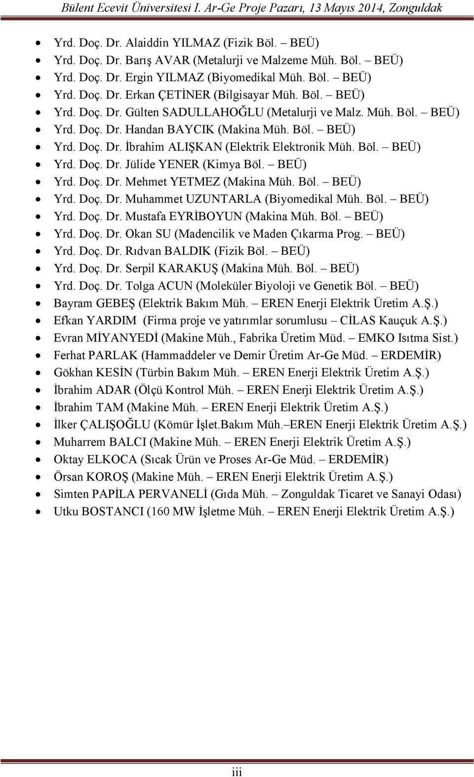 BEÜ) Yrd. Doç. Dr. Mehmet YETMEZ (Makina Müh. Böl. BEÜ) Yrd. Doç. Dr. Muhammet UZUNTARLA (Biyomedikal Müh. Böl. BEÜ) Yrd. Doç. Dr. Mustafa EYRİBOYUN (Makina Müh. Böl. BEÜ) Yrd. Doç. Dr. Okan SU (Madencilik ve Maden Çıkarma Prog.