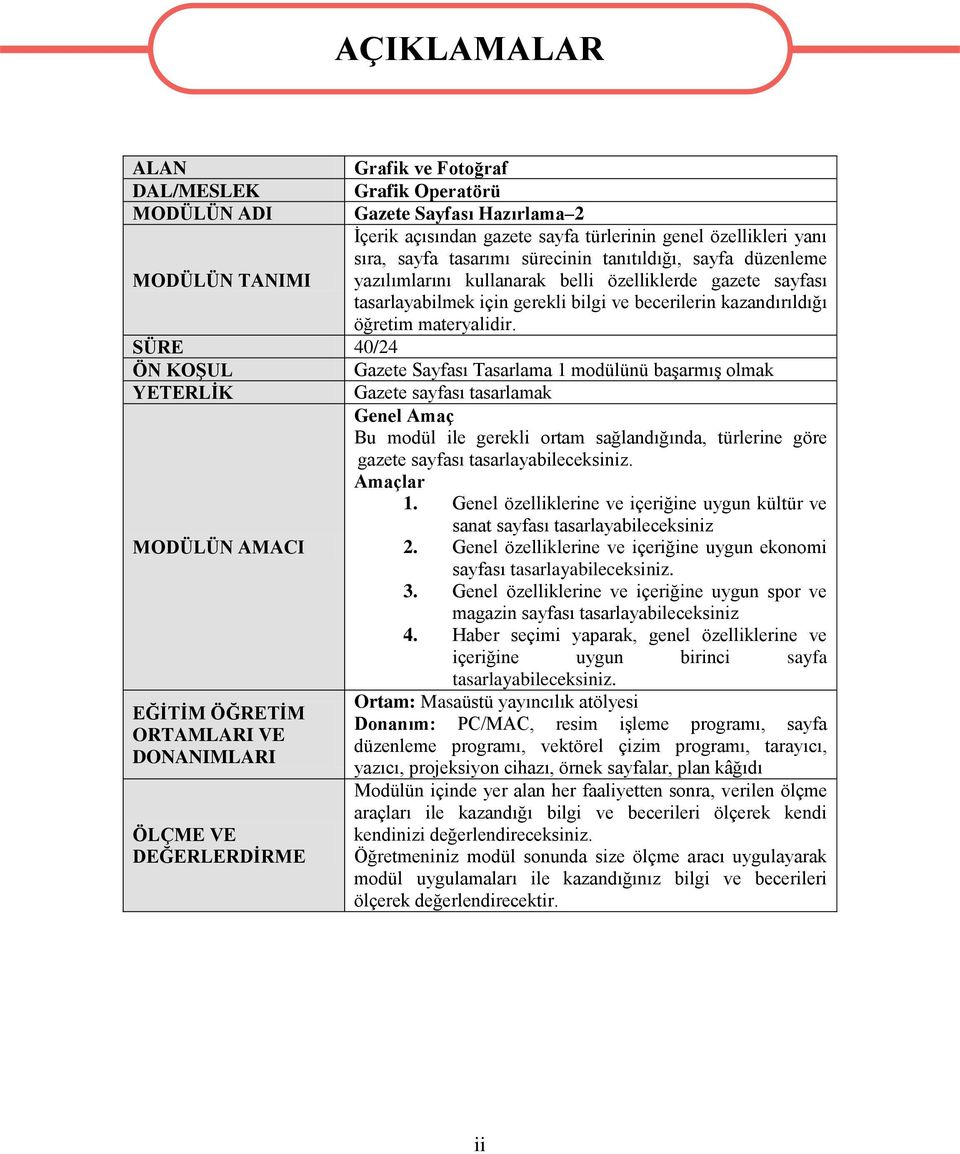 SÜRE 40/24 ÖN KOŞUL Gazete Sayfası Tasarlama 1 modülünü başarmış olmak YETERLİK Gazete sayfası tasarlamak Genel Amaç Bu modül ile gerekli ortam sağlandığında, türlerine göre gazete sayfası