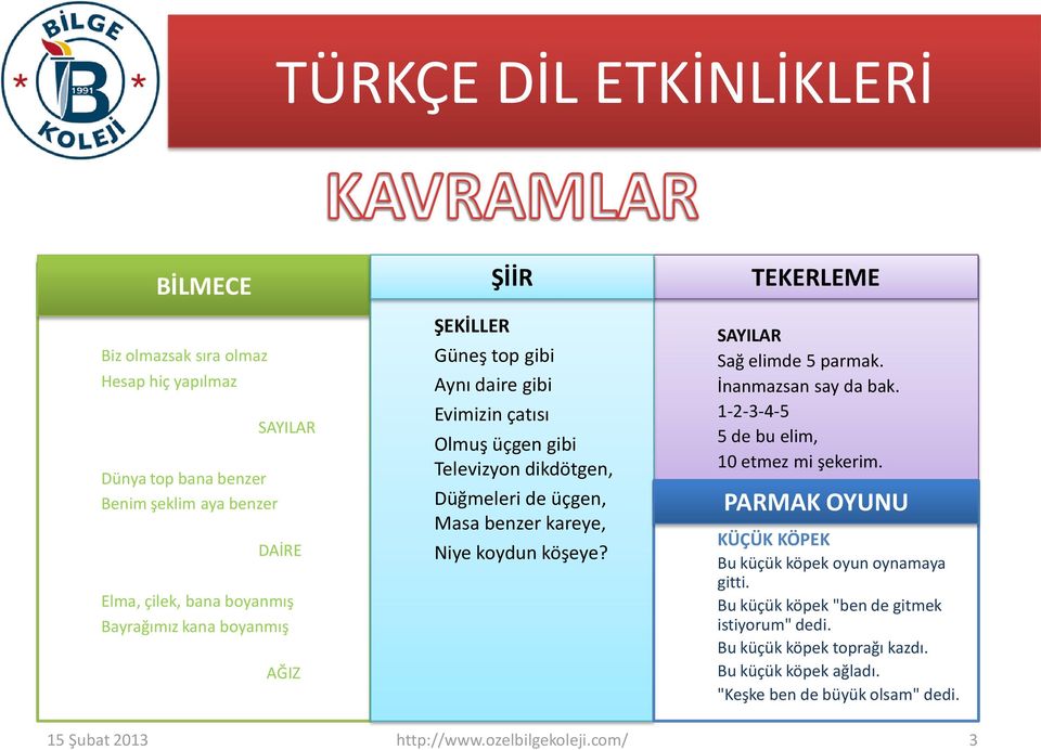 Niye koydun köşeye? TEKERLEME SAYILAR Sağ elimde 5 parmak. İnanmazsan say da bak. 1-2-3-4-5 5 de bu elim, 10 etmez mi şekerim.