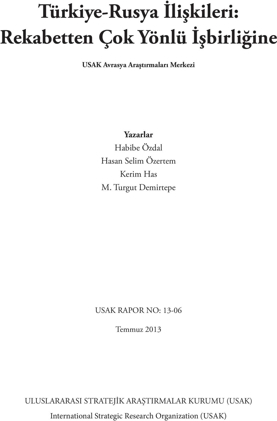 Turgut Demirtepe USAK RAPOR NO: 13-06 Temmuz 2013 ULUSLARARASI STRATEJİK