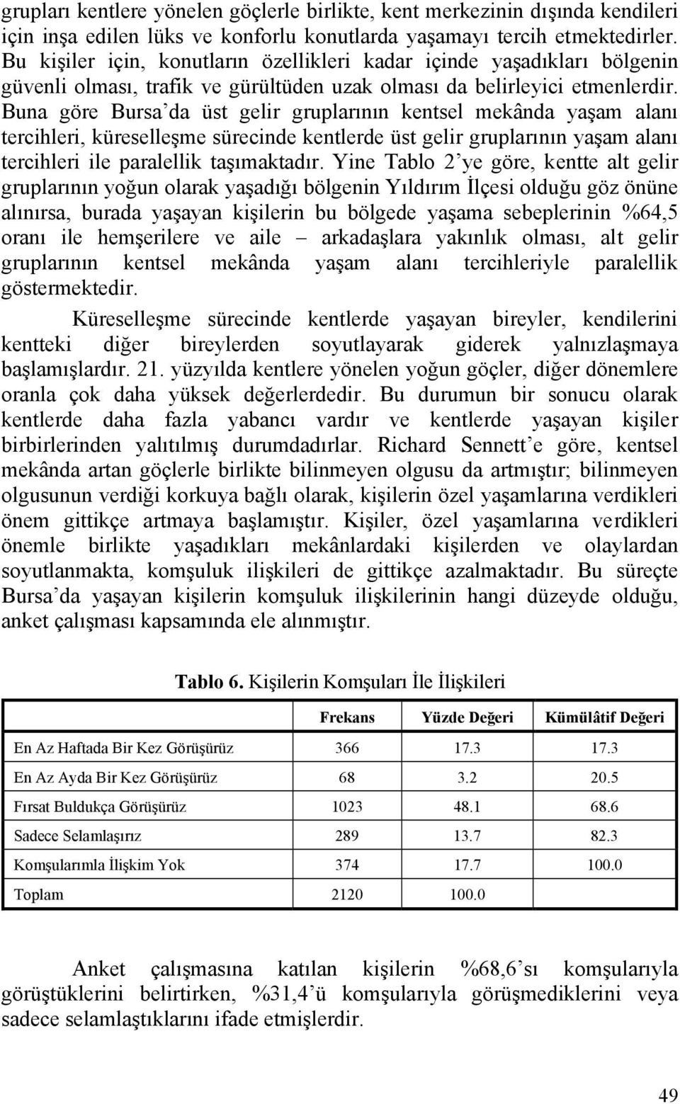 Buna göre Bursa da üst gelir gruplarının kentsel mekânda yaşam alanı tercihleri, küreselleşme sürecinde kentlerde üst gelir gruplarının yaşam alanı tercihleri ile paralellik taşımaktadır.