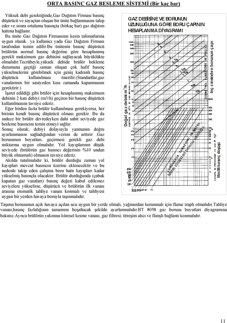 bu ünitenin basınç düşürücü brülörün normal basınç değerine göre hesaplanmış gerekli maksimum gaz debisini sağlayacak büyüklükte olmalıdır.