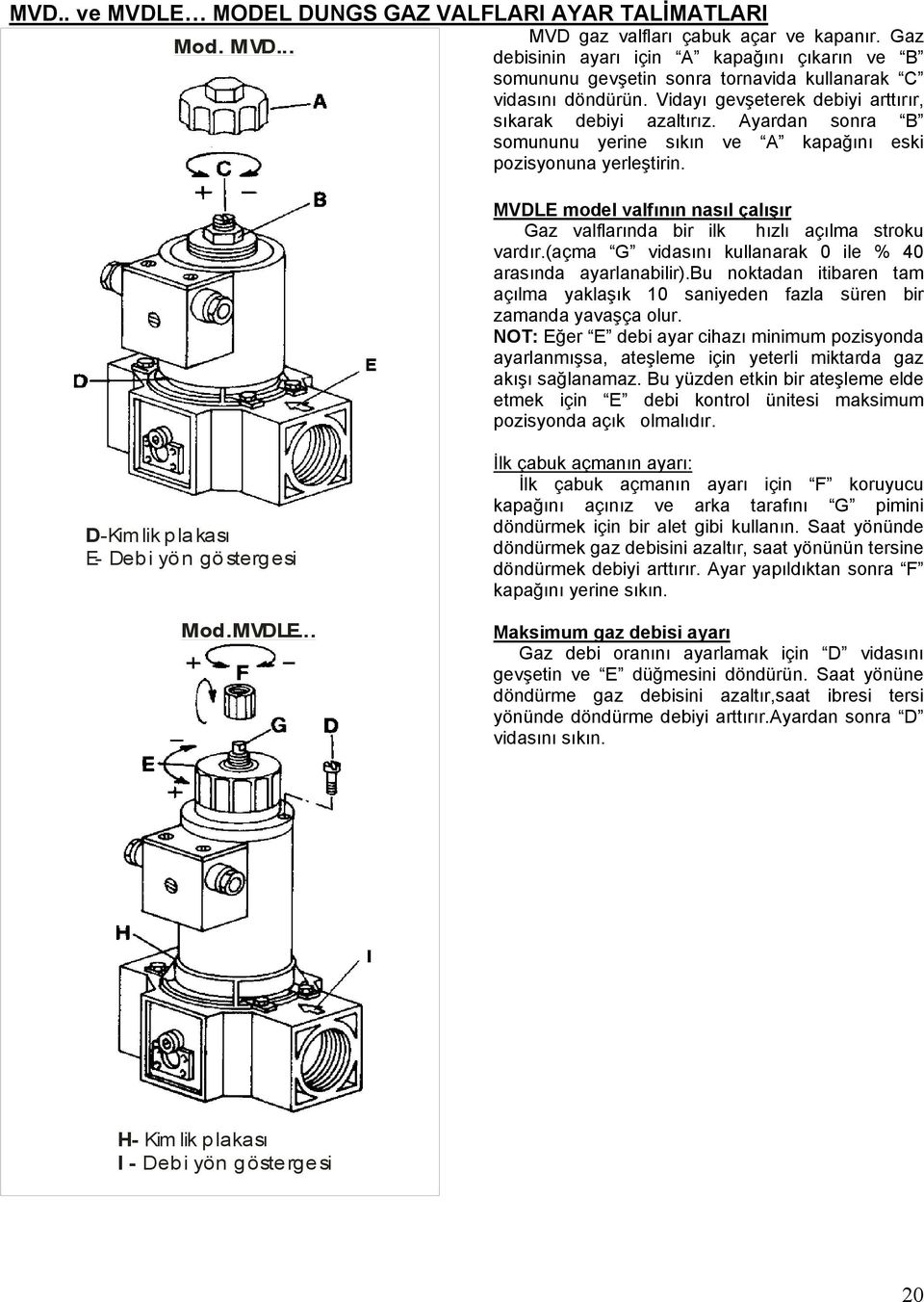 MVDLE model valfının nasıl çalışır Gaz valflarında bir ilk hızlı açılma stroku vardır.(açma G vidasını kullanarak 0 ile % 40 arasında ayarlanabilir).