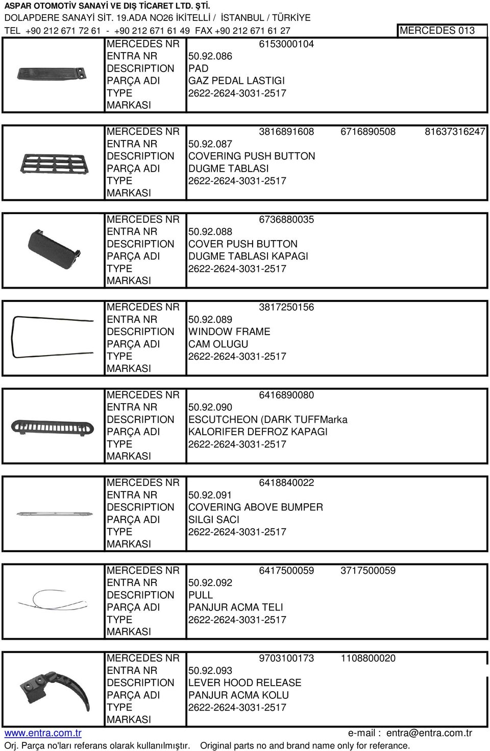 087 DESCRIPTION COVERING PUSH BUTTON PARÇA ADI DUGME TABLASI 2622-2624-3031-2517 6736880035 ENTRA NR 50.92.