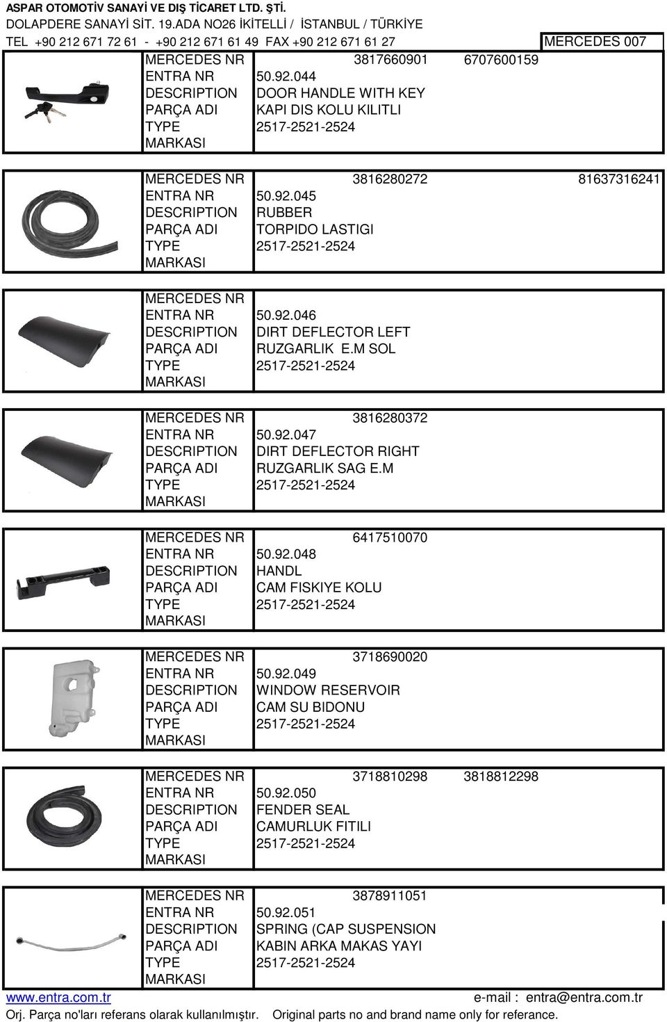 92.046 DESCRIPTION DIRT DEFLECTOR LEFT PARÇA ADI RUZGARLIK E.M SOL 2517-2521-2524 3816280372 ENTRA NR 50.92.047 DESCRIPTION DIRT DEFLECTOR RIGHT PARÇA ADI RUZGARLIK SAG E.