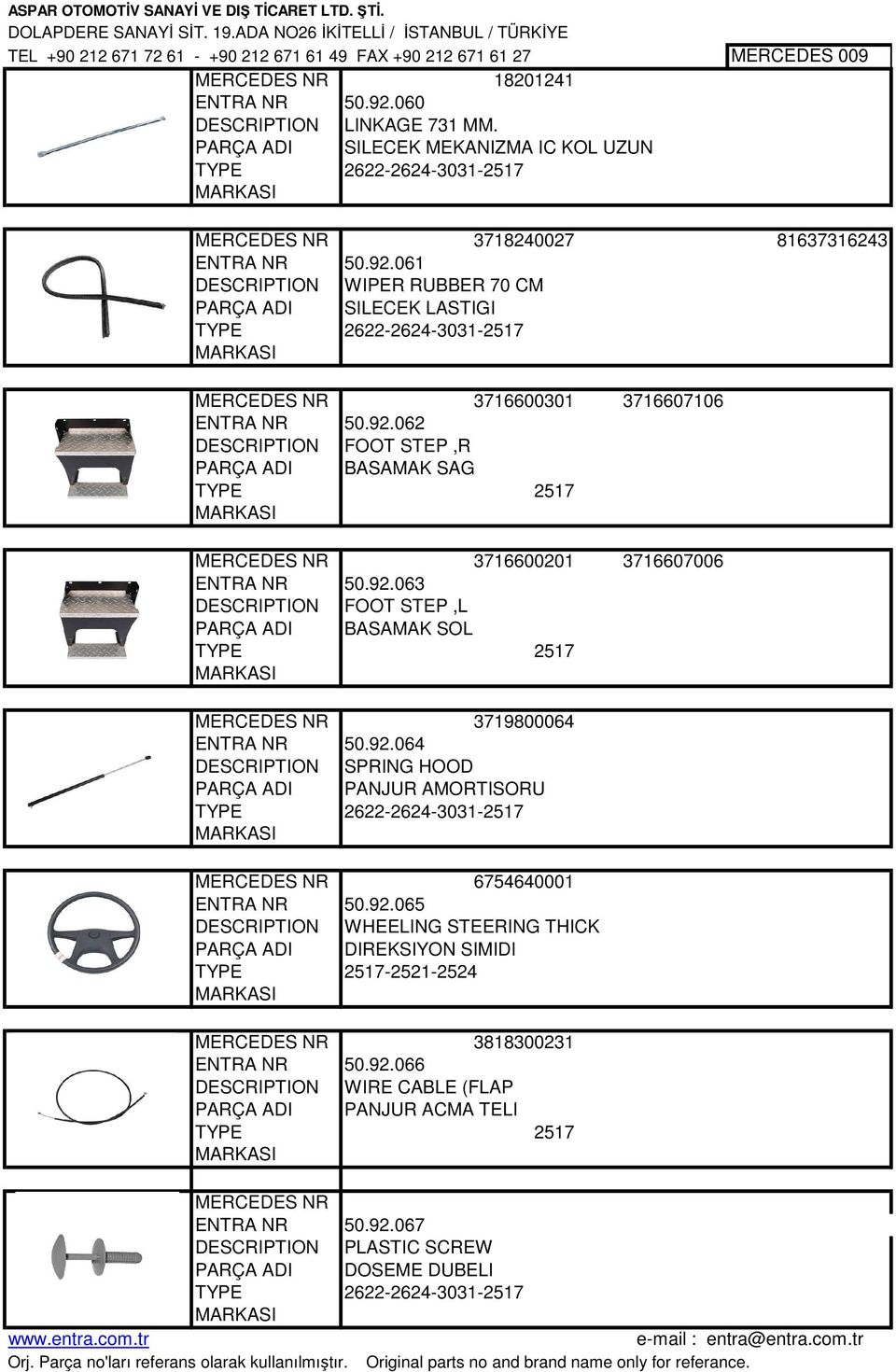 061 DESCRIPTION WIPER RUBBER 70 CM PARÇA ADI SILECEK LASTIGI 2622-2624-3031-2517 3716600301 3716607106 ENTRA NR 50.92.