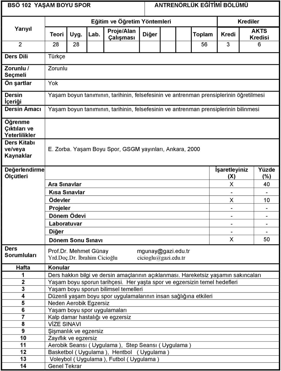 tarihinin, felsefesinin ve antrenman prensiplerinin bilinmesi E. Zorba. Yaşam Boyu Spor, GSGM yayınları, Ankara, 2000 Ara Sınavlar X 40 - - X 10 - - - - - - - - Prof.Dr. Mehmet Günay Yrd.Doç.Dr. İbrahim Cicioğlu mgunay@gazi.