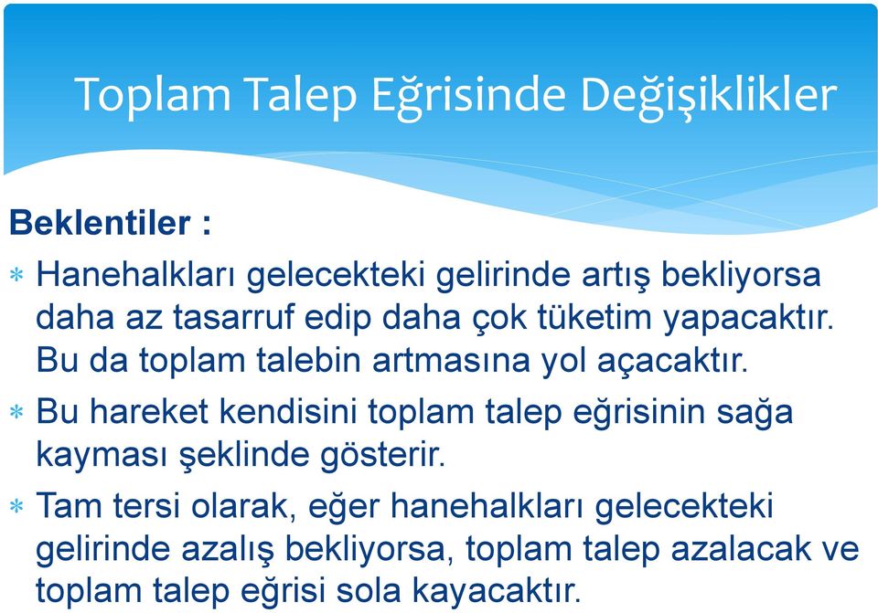 Bu hareket kendisini toplam talep eğrisinin sağa kayması şeklinde gösterir.