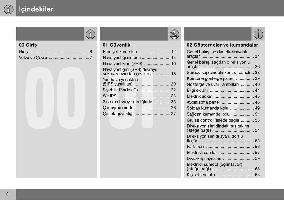 .. 26 Çocuk güvenliği... 27 02 Göstergeler ve kumandalar Genel bakış, soldan direksiyonlu araçlar... 34 Genel bakış, sağdan direksiyonlu araçlar... 36 Sürücü kapısındaki kontrol paneli.