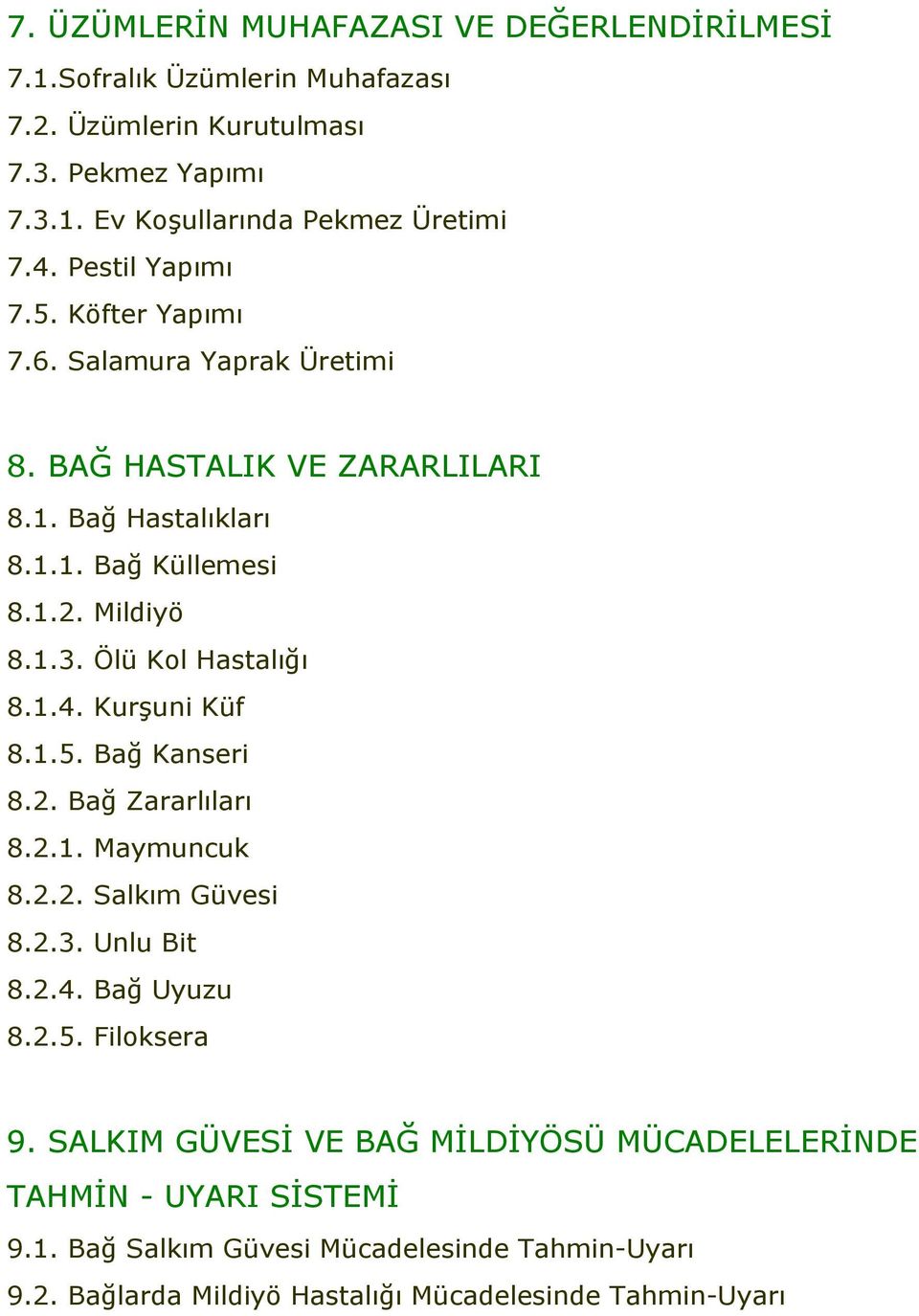 Ölü Kol Hastalığı 8.1.4. Kurşuni Küf 8.1.5. Bağ Kanseri 8.2. Bağ Zararlıları 8.2.1. Maymuncuk 8.2.2. Salkım Güvesi 8.2.3. Unlu Bit 8.2.4. Bağ Uyuzu 8.2.5. Filoksera 9.