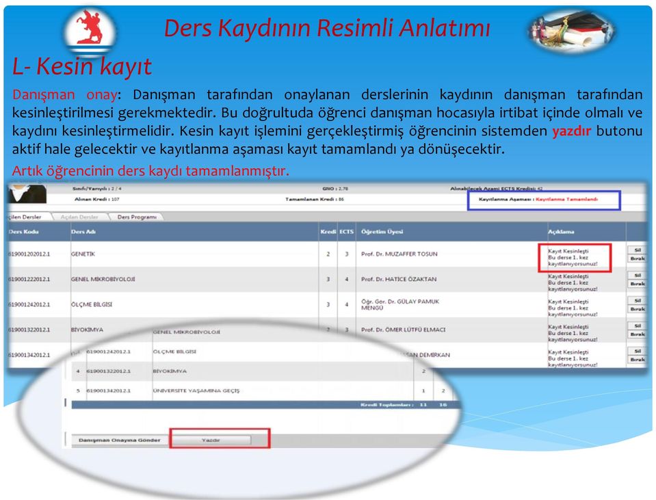 Bu doğrultuda öğrenci danışman hocasıyla irtibat içinde olmalı ve kaydını kesinleştirmelidir.