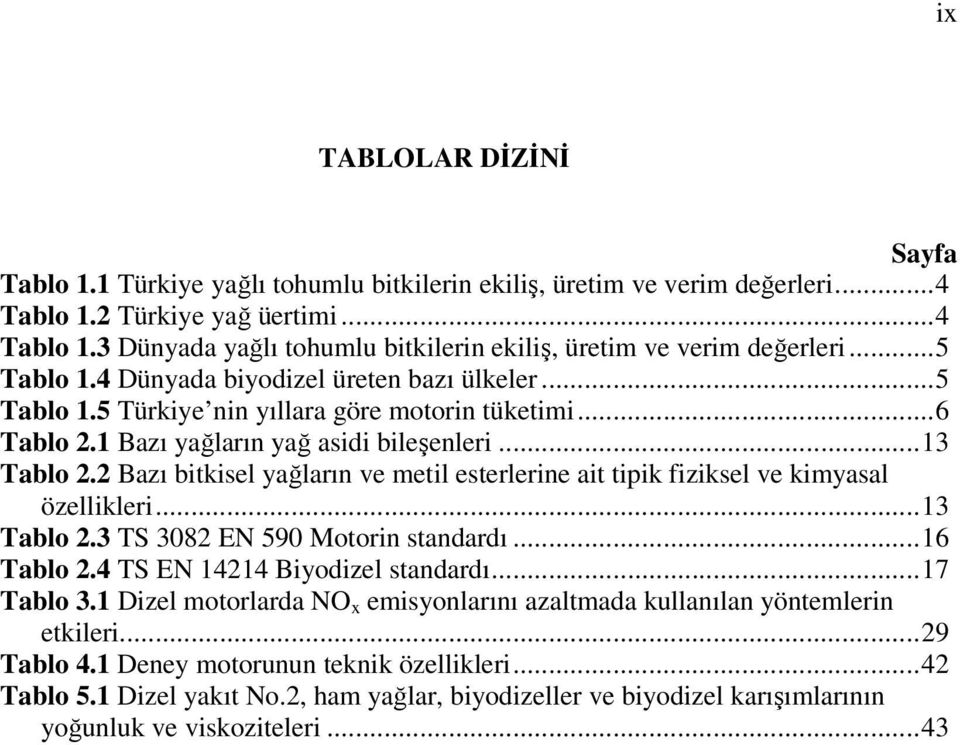 2 Bazı bitkisel yağların ve metil esterlerine ait tipik fiziksel ve kimyasal özellikleri...13 Tablo 2.3 TS 3082 EN 590 Motorin standardı...16 Tablo 2.4 TS EN 14214 Biyodizel standardı...17 Tablo 3.