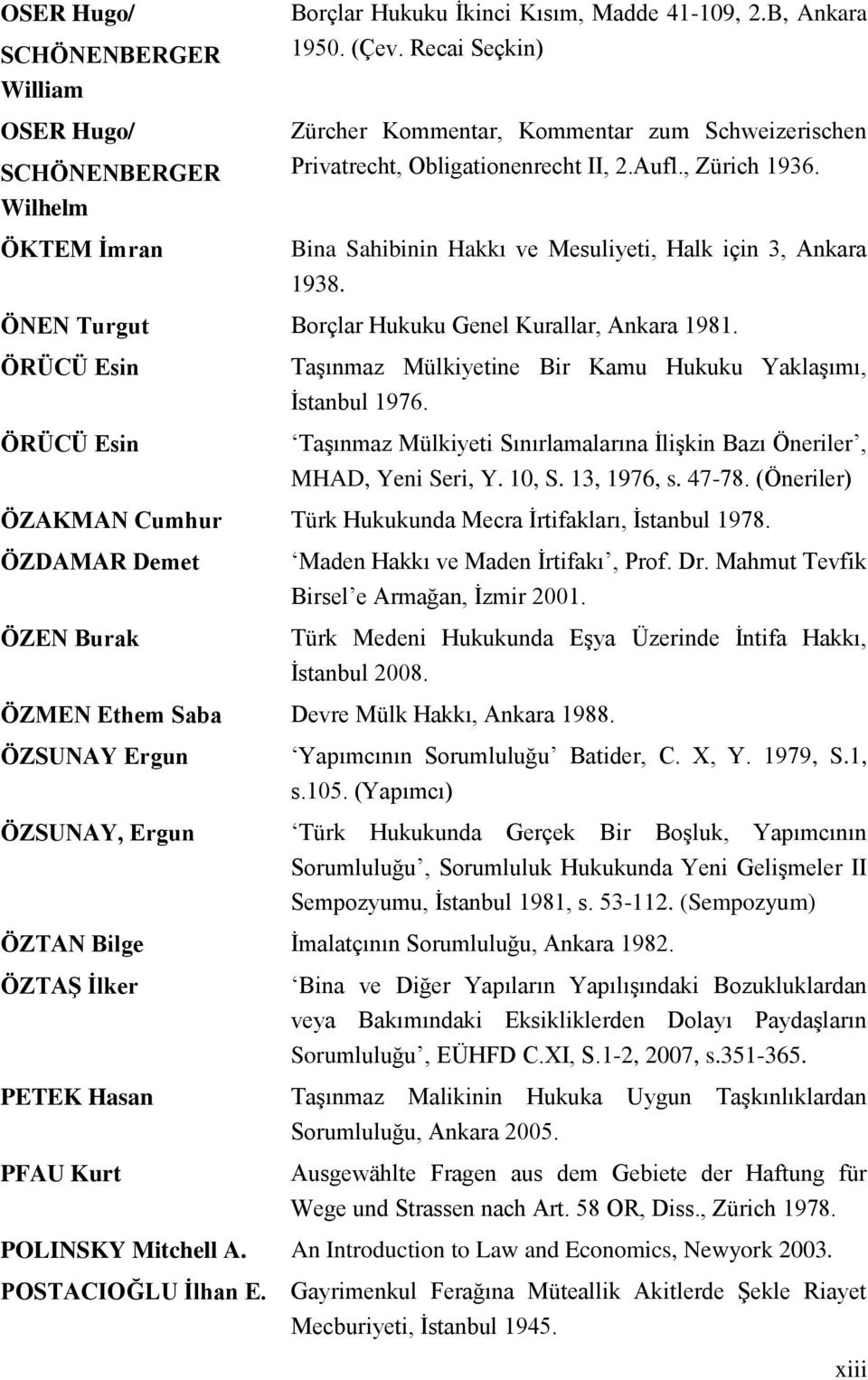 ÖNEN Turgut Borçlar Hukuku Genel Kurallar, Ankara 1981. ÖRÜCÜ Esin ÖRÜCÜ Esin TaĢınmaz Mülkiyetine Bir Kamu Hukuku YaklaĢımı, Ġstanbul 1976.
