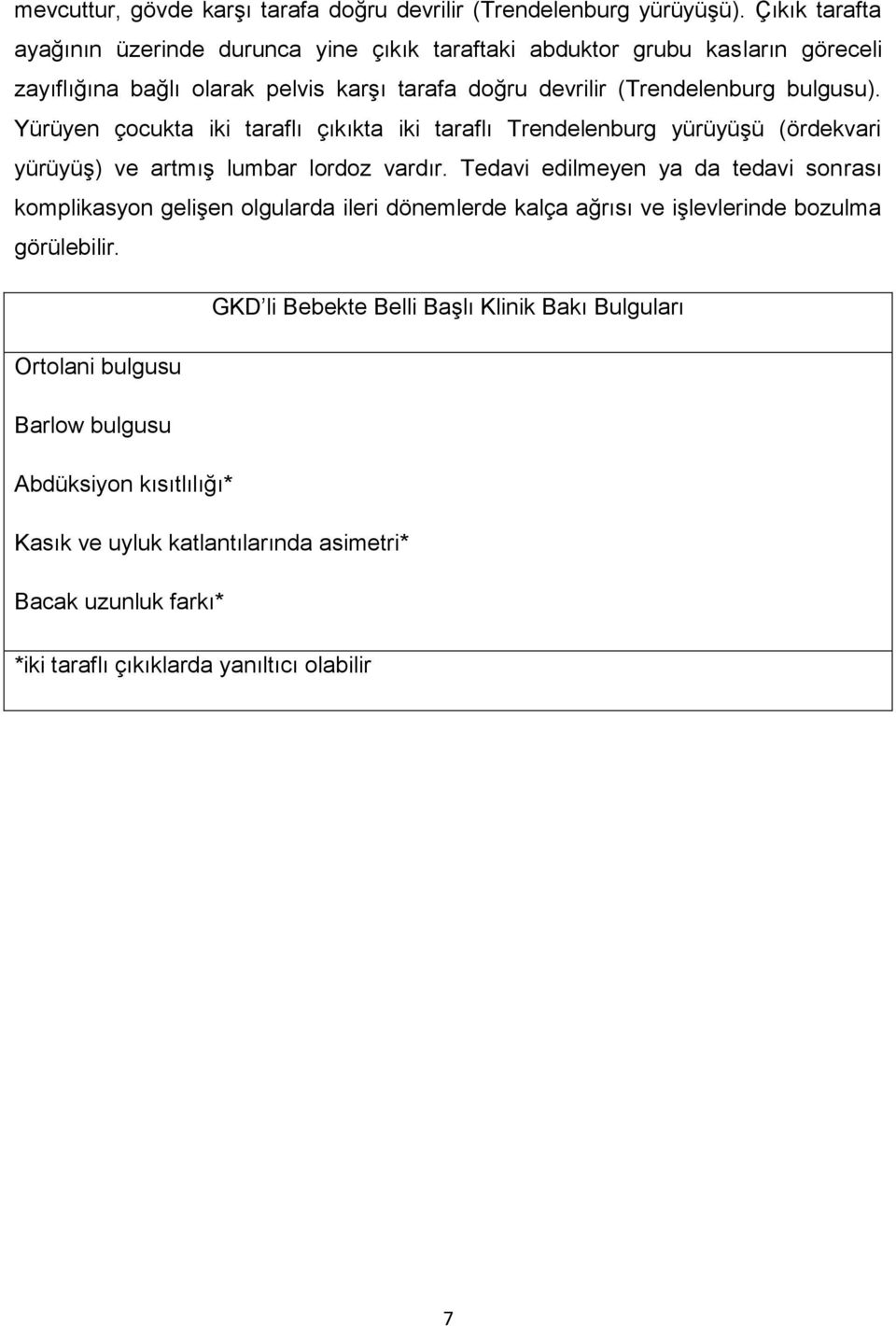 Yürüyen çocukta iki taraflı çıkıkta iki taraflı Trendelenburg yürüyüşü (ördekvari yürüyüş) ve artmış lumbar lordoz vardır.