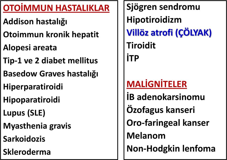 Myasthenia gravis Sarkoidozis Skleroderma Sjögren sendromu Hipotiroidizm Villöz atrofi