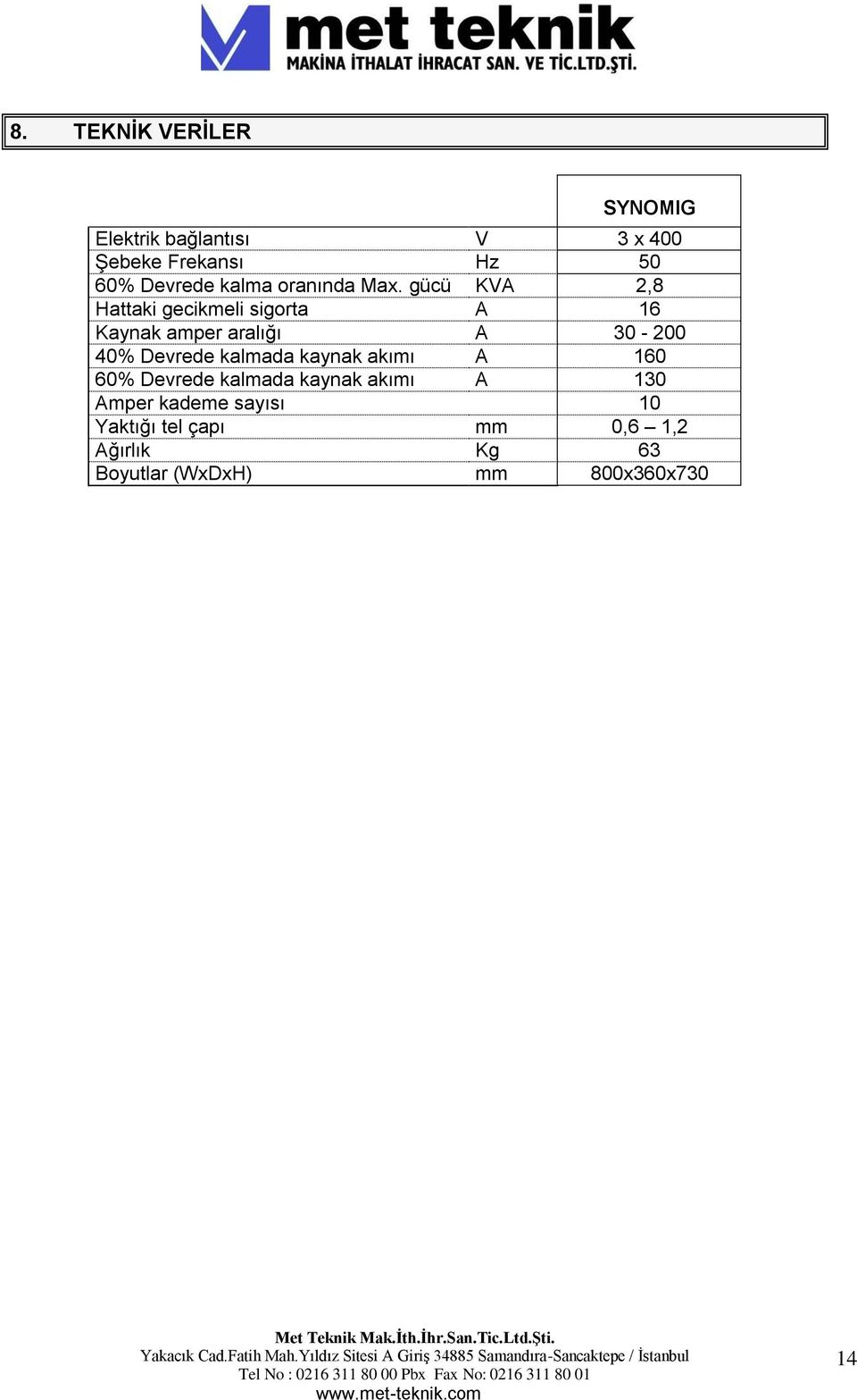 gücü KVA 2,8 Hattaki gecikmeli sigorta A 16 Kaynak amper aralığı A 30-200 40% Devrede