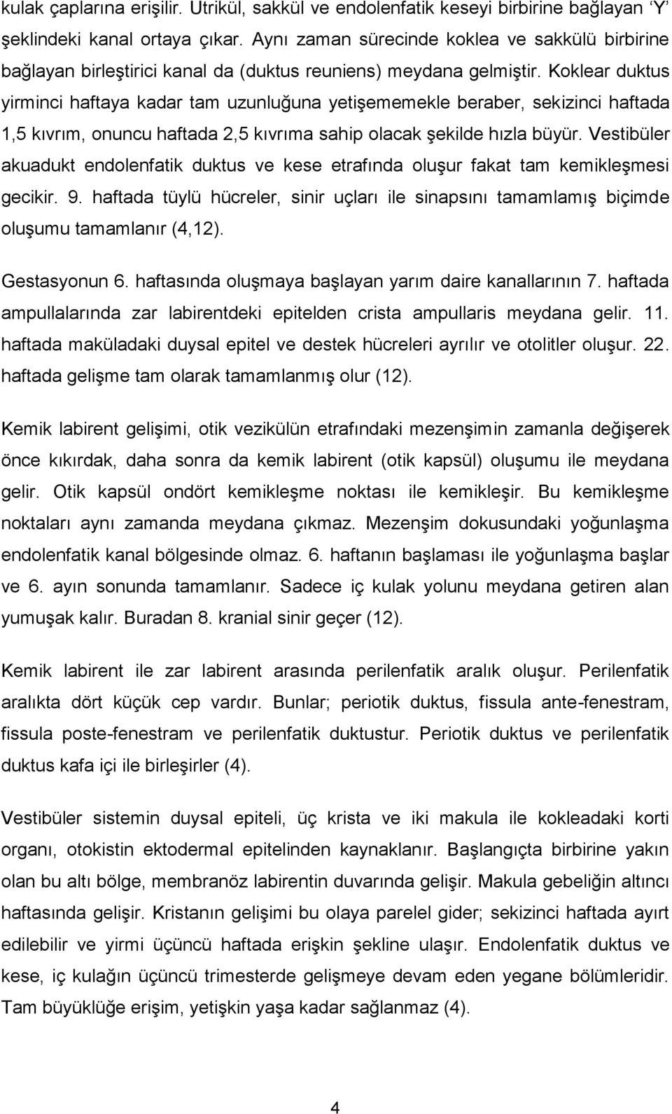 Koklear duktus yirminci haftaya kadar tam uzunluğuna yetişememekle beraber, sekizinci haftada 1,5 kıvrım, onuncu haftada 2,5 kıvrıma sahip olacak şekilde hızla büyür.