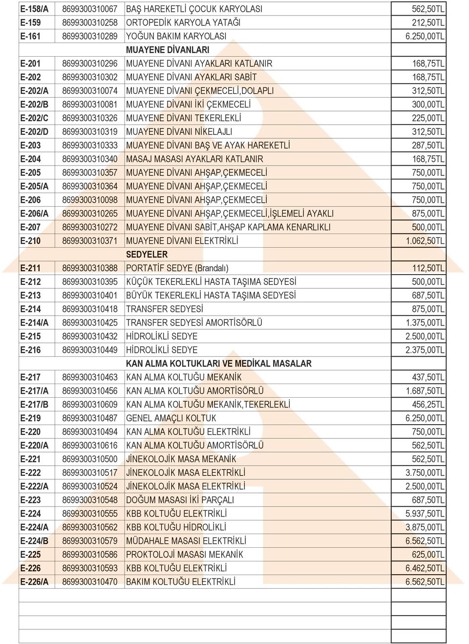 ÇEKMECELİ,DOLAPLI 312,50TL E-202/B 8699300310081 MUAYENE DİVANI İKİ ÇEKMECELİ 300,00TL E-202/C 8699300310326 MUAYENE DİVANI TEKERLEKLİ 225,00TL E-202/D 8699300310319 MUAYENE DİVANI NİKELAJLI 312,50TL