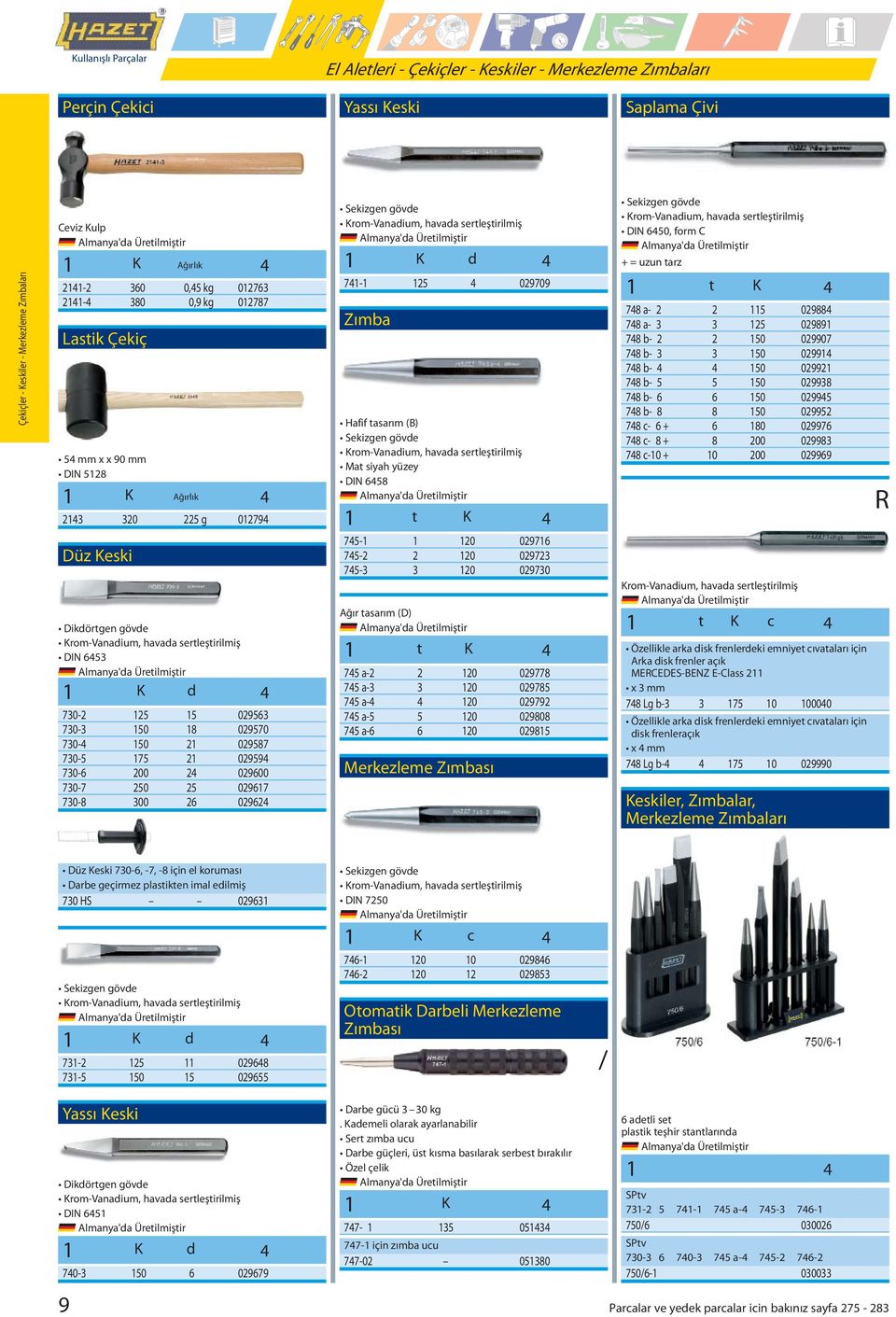 1277 Lastik Çekiç 5 mm x x 9 mm DIN 512 1 K Ağırlık 213 32 225 g 1279 Düz Keski Sekizgen gövde, havada sertleştirilmiş 1 K d 71-1 125 2979 Zıma Hafif tasarım () Sekizgen gövde, havada sertleştirilmiş