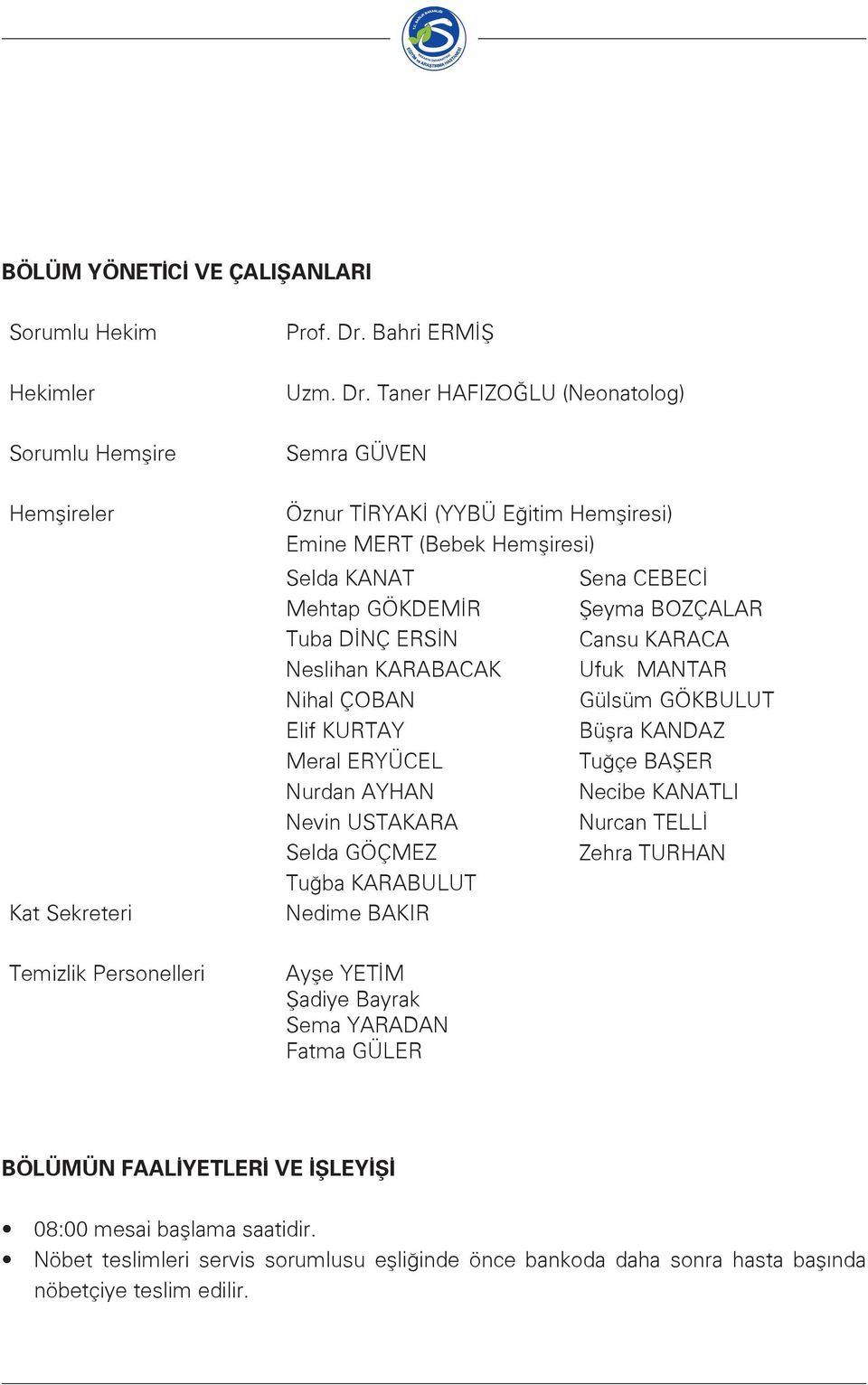 Taner HAFIZOĞLU (Neonatolog) Semra GÜVEN Öznur TİRYAKİ (YYBÜ Eğitim Hemşiresi) Emine MERT (Bebek Hemşiresi) Selda KANAT Mehtap GÖKDEMİR Tuba DİNÇ ERSİN Neslihan KARABACAK Nihal ÇOBAN Elif KURTAY