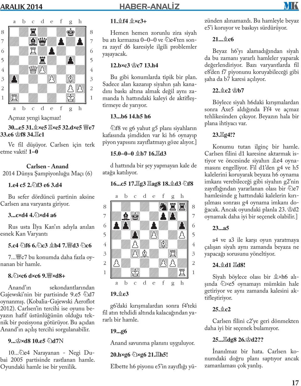 xd4 a6 Rus usta İlya Kan ın adıyla anılan esnek Kan Varyantı 5.c4 f6 6. c3 b4 7. d3 c6 7... c7 bu konumda daha fazla oynanan bir hamle. 8. xc6 dxc6 9.
