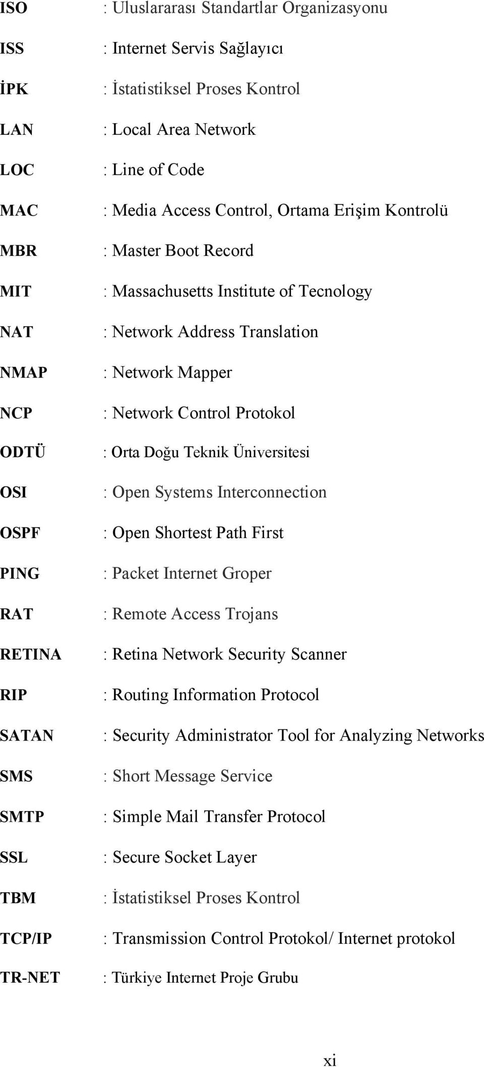 Translation : Network Mapper : Network Control Protokol : Orta Doğu Teknik Üniversitesi : Open Systems Interconnection : Open Shortest Path First : Packet Internet Groper : Remote Access Trojans :