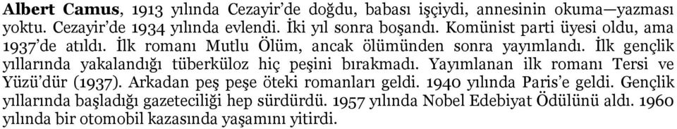 İlk gençlik yıllarında yakalandığı tüberküloz hiç peşini bırakmadı. Yayımlanan ilk romanı Tersi ve Yüzü dür (1937).