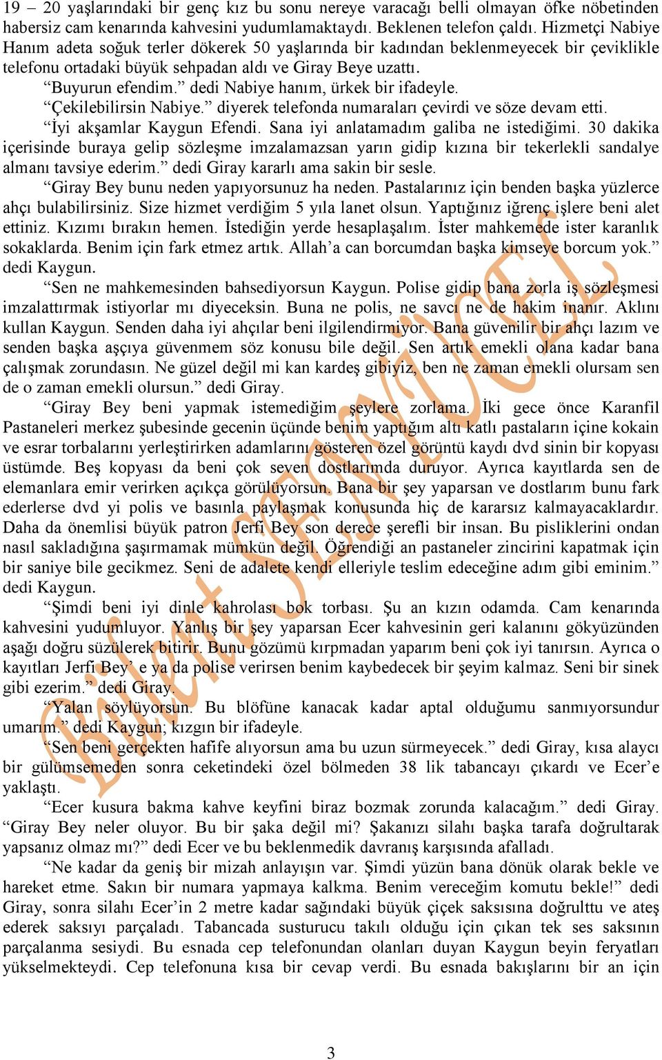 dedi Nabiye hanım, ürkek bir ifadeyle. Çekilebilirsin Nabiye. diyerek telefonda numaraları çevirdi ve söze devam etti. İyi akşamlar Kaygun Efendi. Sana iyi anlatamadım galiba ne istediğimi.