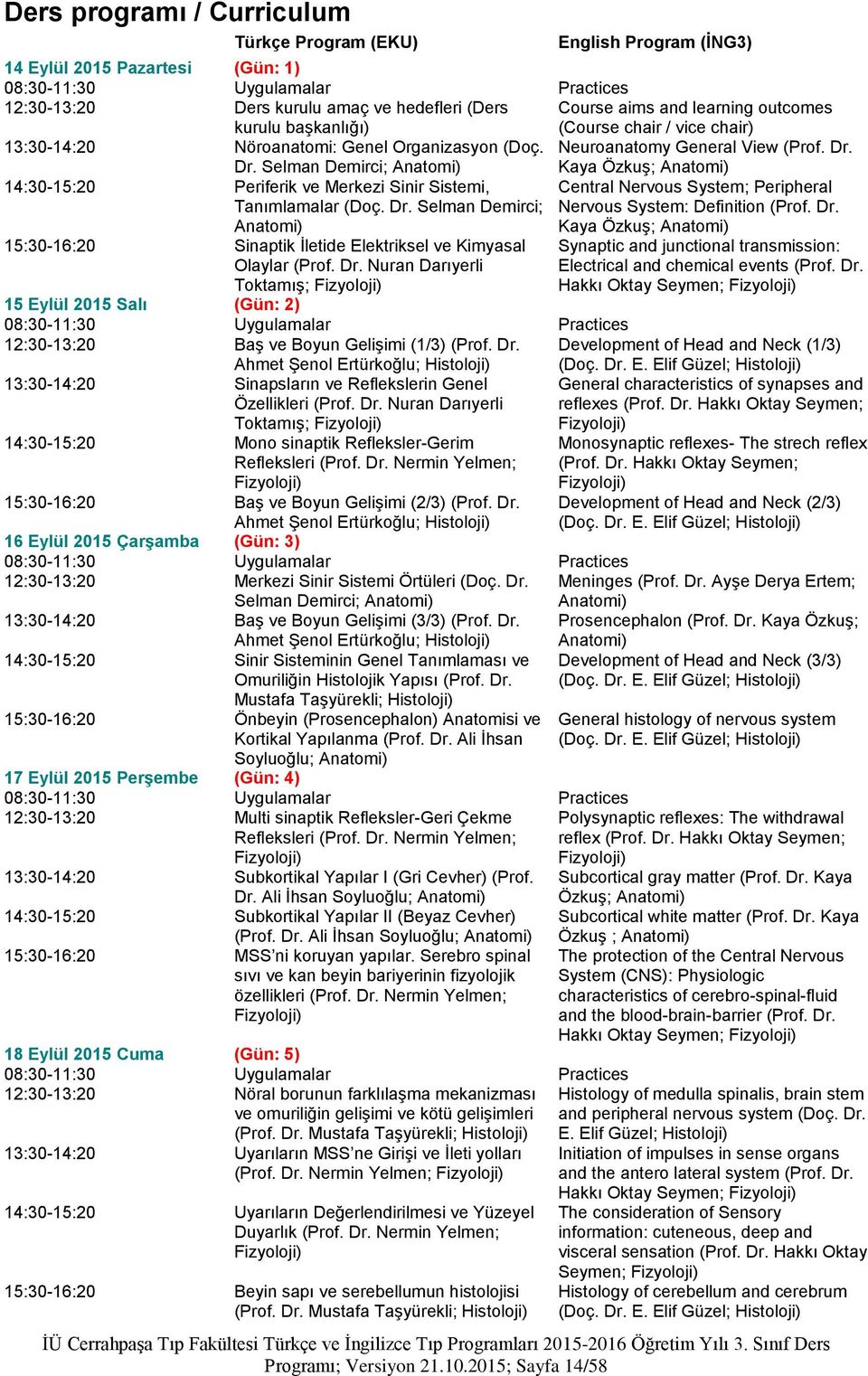 Dr. Selman Demirci; Central Nervous System; Peripheral Nervous System: Definition (Prof. Dr. Kaya Özkuş; 15:30-16:20 Sinaptik İletide Elektriksel ve Kimyasal Olaylar (Prof. Dr. Nuran Darıyerli Toktamış; Synaptic and junctional transmission: Electrical and chemical events (Prof.