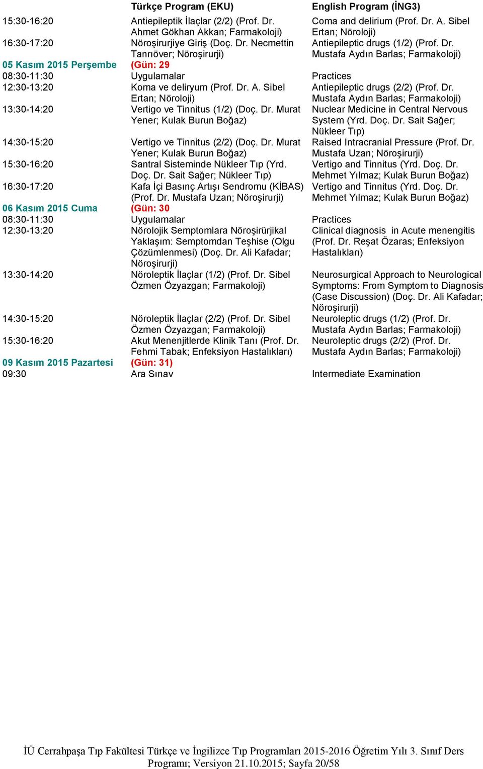 Dr. Mustafa Aydın Barlas; 13:30-14:20 Vertigo ve Tinnitus (1/2) (Doç. Dr. Murat Yener; Kulak Burun Boğaz) Nuclear Medicine in Central Nervous System (Yrd. Doç. Dr. Sait Sağer; Nükleer Tıp) 14:30-15:20 Vertigo ve Tinnitus (2/2) (Doç.