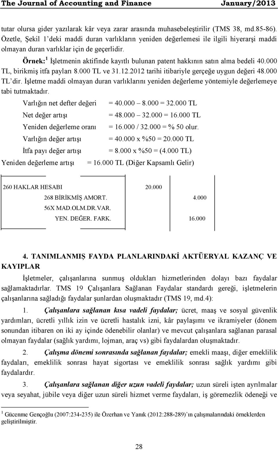 Örnek: 1 Đşletmenin aktifinde kayıtlı bulunan patent hakkının satın alma bedeli 40.000 TL, birikmiş itfa payları 8.000 TL ve 31.12.2012 tarihi itibariyle gerçeğe uygun değeri 48.000 TL dir.