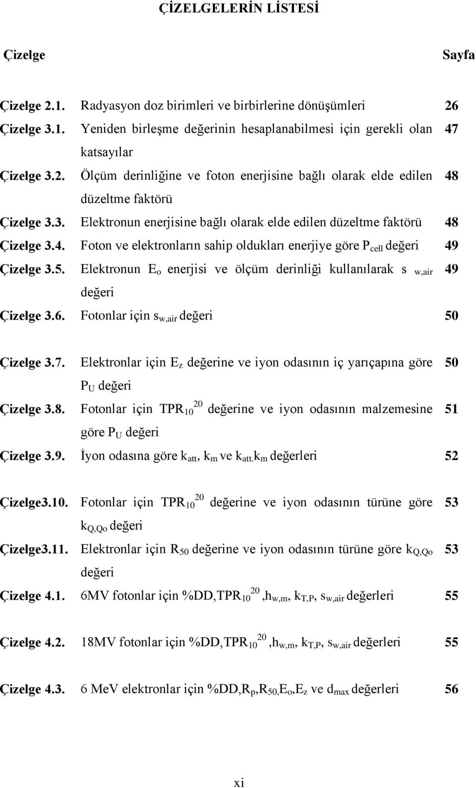 5. Elektronun E o enerjisi ve ölçüm derinliği kullanılarak s w,air 49 değeri Çizelge 3.6. Fotonlar için s w,air değeri 50 Çizelge 3.7.