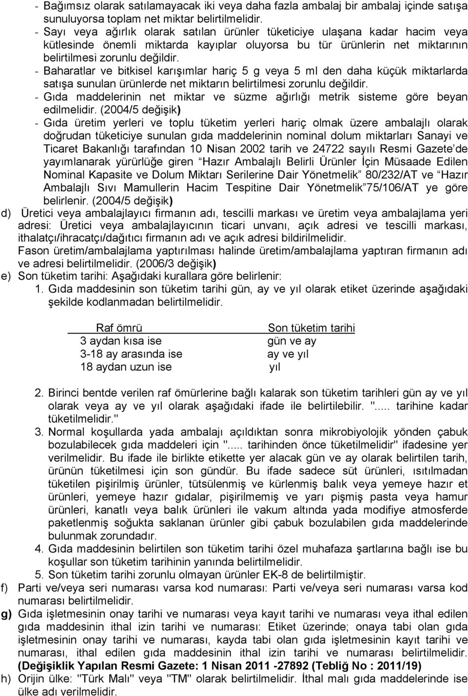 - Baharatlar ve bitkisel karışımlar hariç 5 g veya 5 ml den daha küçük miktarlarda satışa sunulan ürünlerde net miktarın belirtilmesi zorunlu değildir.