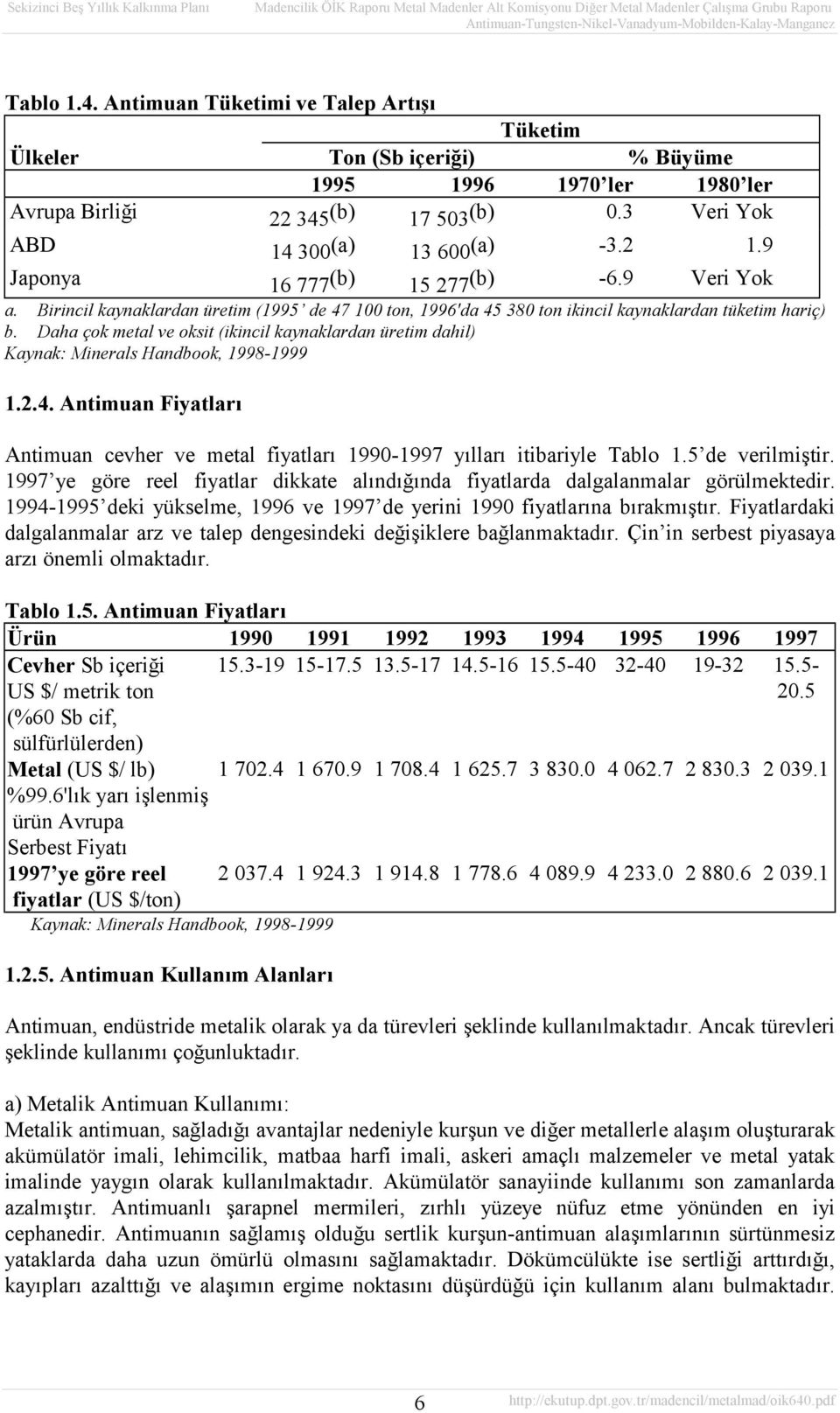 Daha çok metal ve oksit (ikincil kaynaklardan üretim dahil) Kaynak: Minerals Handbook, 1998-1999 1.2.4. Antimuan Fiyatları Antimuan cevher ve metal fiyatları 1990-1997 yılları itibariyle Tablo 1.