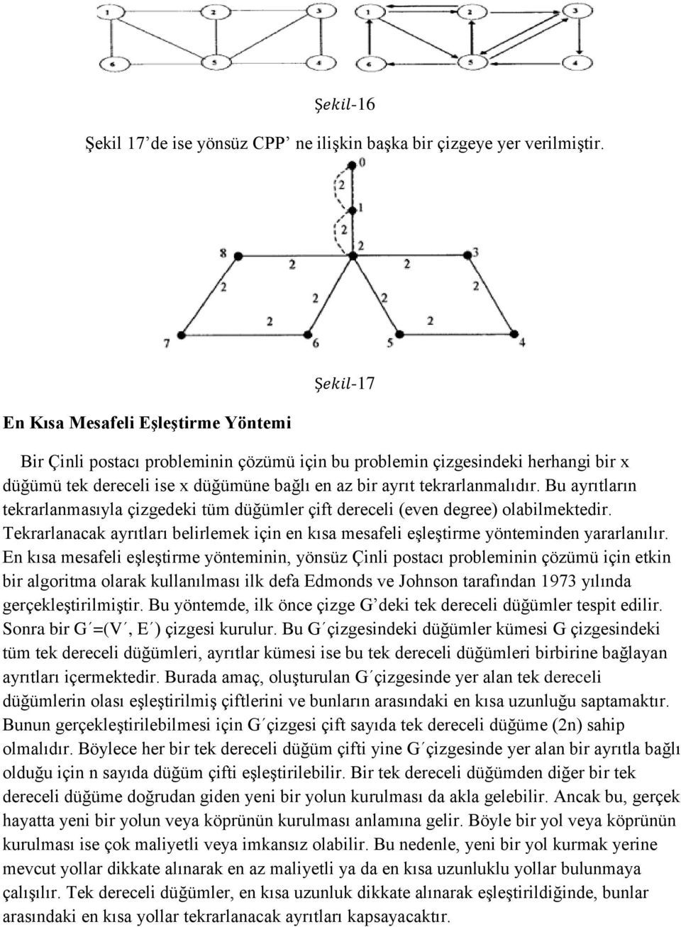 Bu ayrıtların tekrarlanmasıyla çizgedeki tüm düğümler çift dereceli even degree) olabilmektedir. Tekrarlanacak ayrıtları belirlemek için en kısa mesafeli eşleştirme yönteminden yararlanılır.